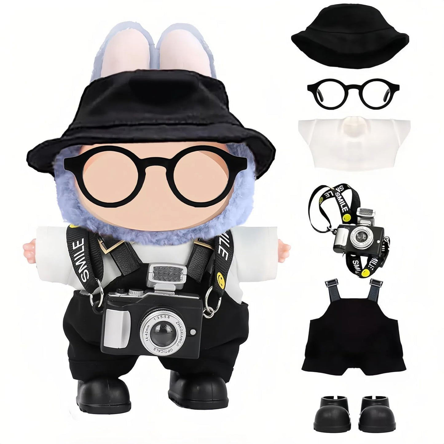 VVQUI 6-Piece LABUBU 17cm Doll Clothes Set – Hat, Overalls, Shirt, Camera, Glasses & Shoes (Black) – No Doll Included
