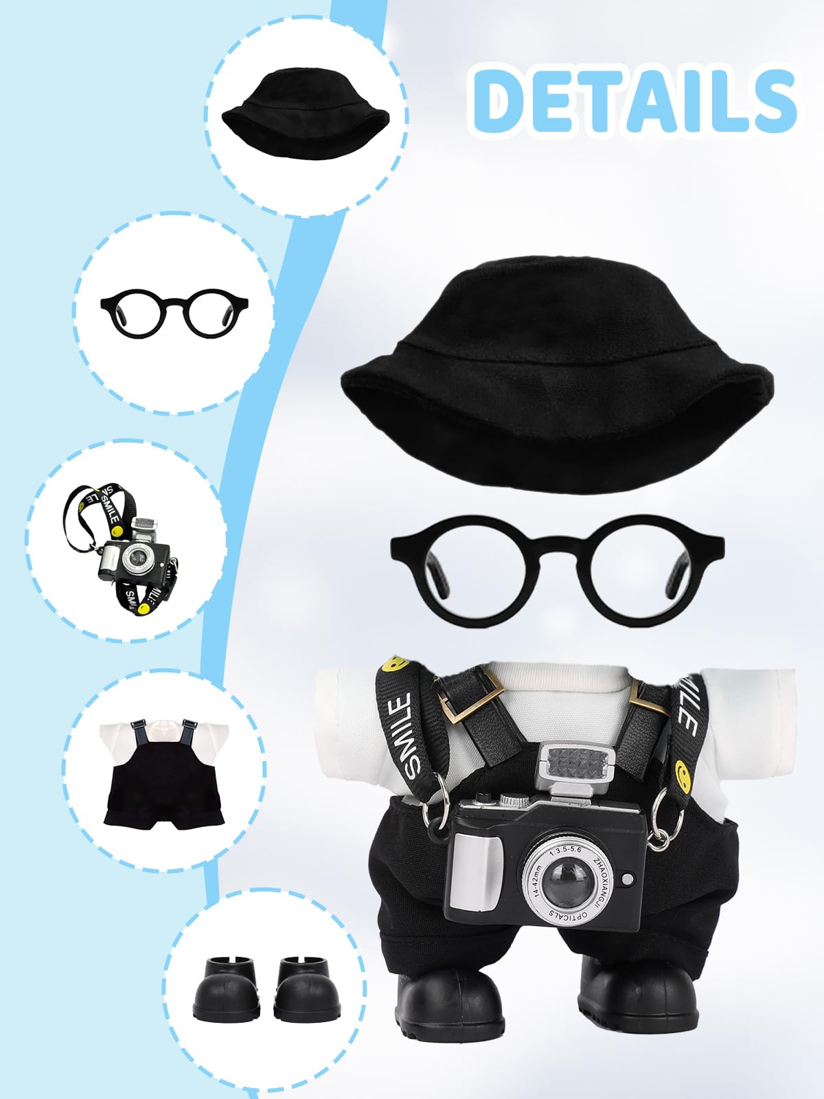 VVQUI 6-Piece LABUBU 17cm Doll Clothes Set – Hat, Overalls, Shirt, Camera, Glasses & Shoes (Black) – No Doll Included