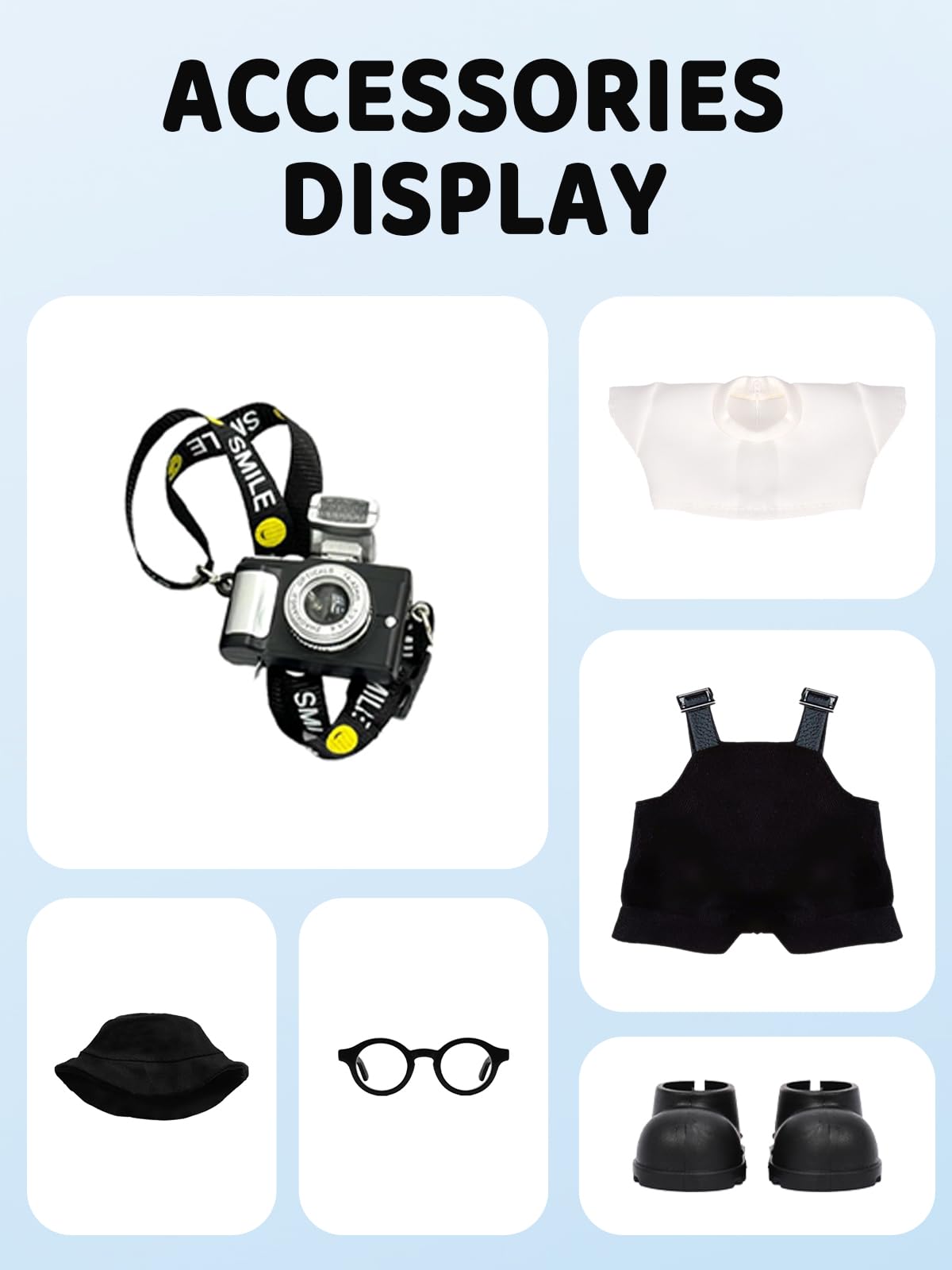 VVQUI 6-Piece LABUBU 17cm Doll Clothes Set – Hat, Overalls, Shirt, Camera, Glasses & Shoes (Black) – No Doll Included