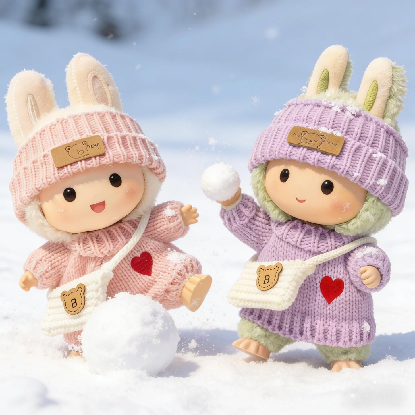 VVQUI Labubu 17cm Doll Clothes – 2 Pack, 6-Piece Handcrafted Crochet Outfit Set (Heart Sweater, Hat & Bag)