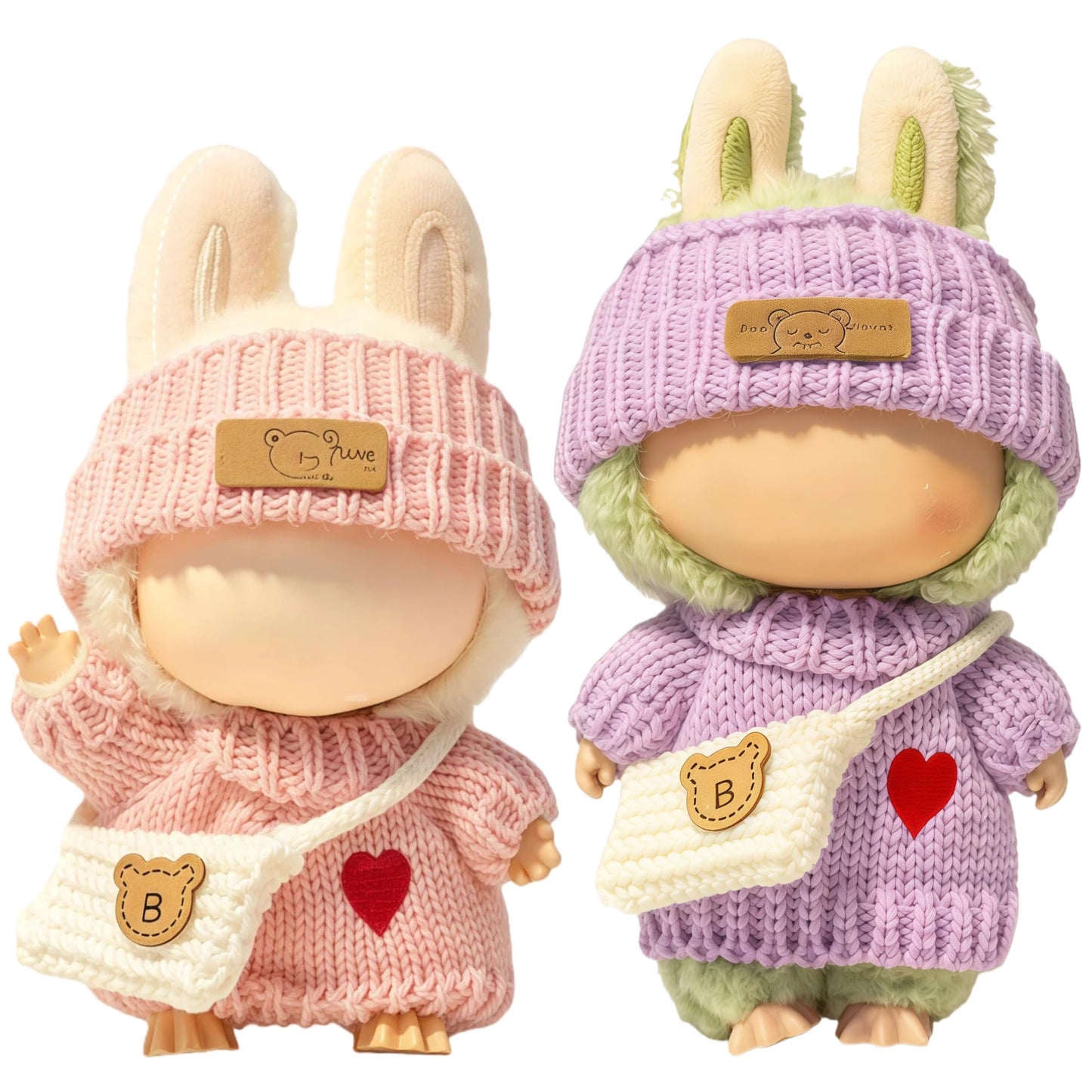 VVQUI Labubu 17cm Doll Clothes – 2 Pack, 6-Piece Handcrafted Crochet Outfit Set (Heart Sweater, Hat & Bag)