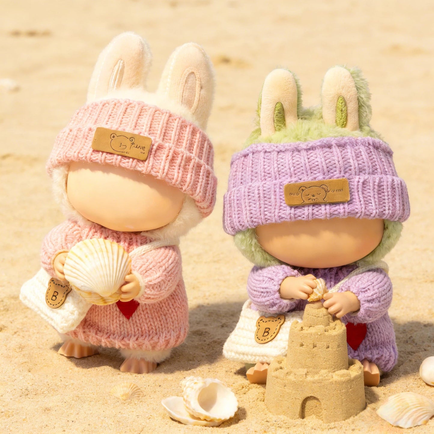 VVQUI Labubu 17cm Doll Clothes – 2 Pack, 6-Piece Handcrafted Crochet Outfit Set (Heart Sweater, Hat & Bag)