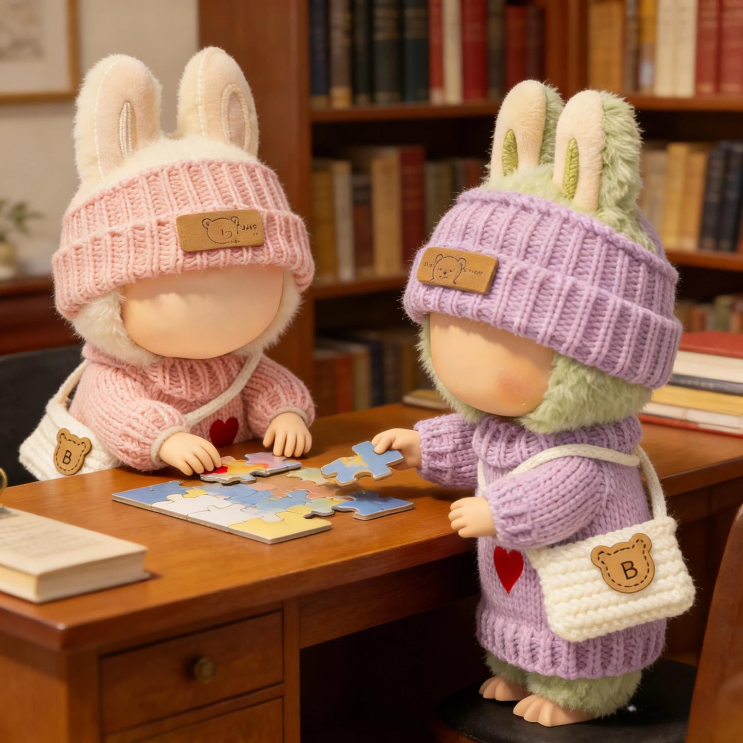 VVQUI Labubu 17cm Doll Clothes – 2 Pack, 6-Piece Handcrafted Crochet Outfit Set (Heart Sweater, Hat & Bag)
