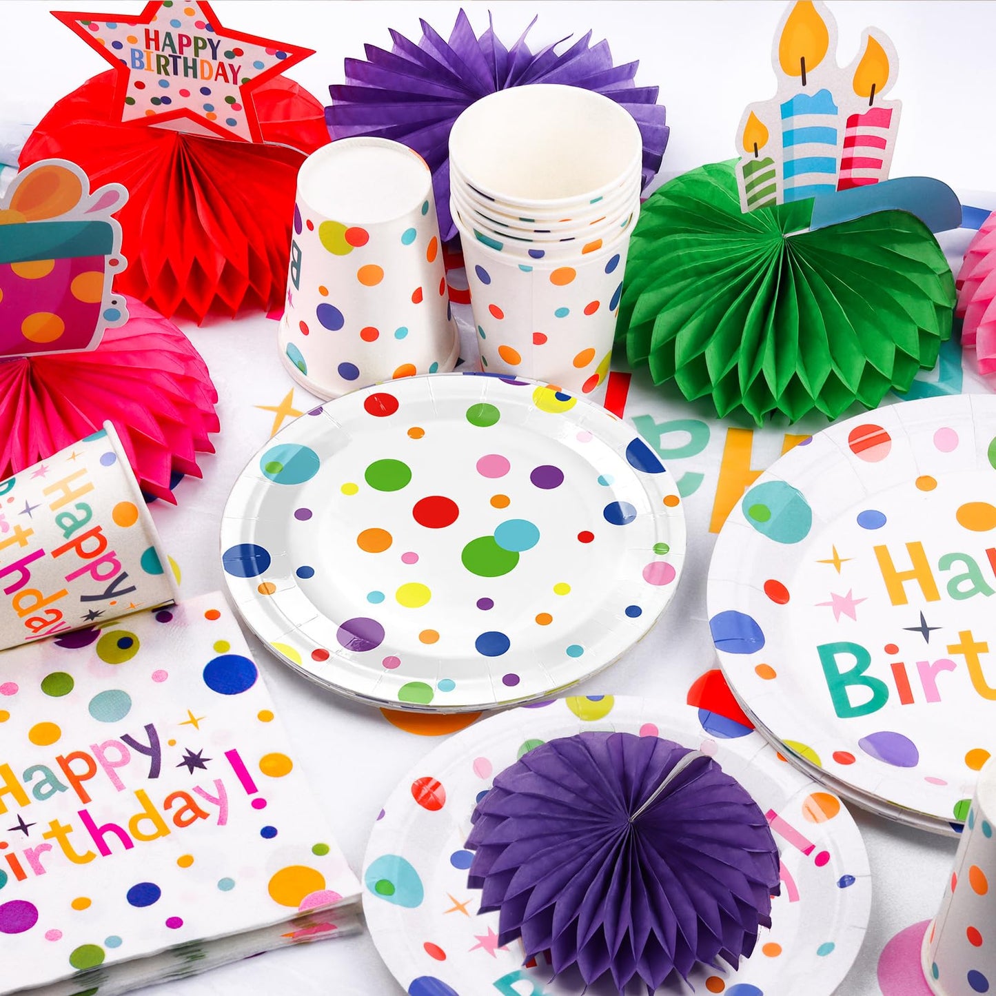 VVSBPL 127Pcs Happy Birthday Party Supplies – Dot Design Disposable Tableware Set for 24