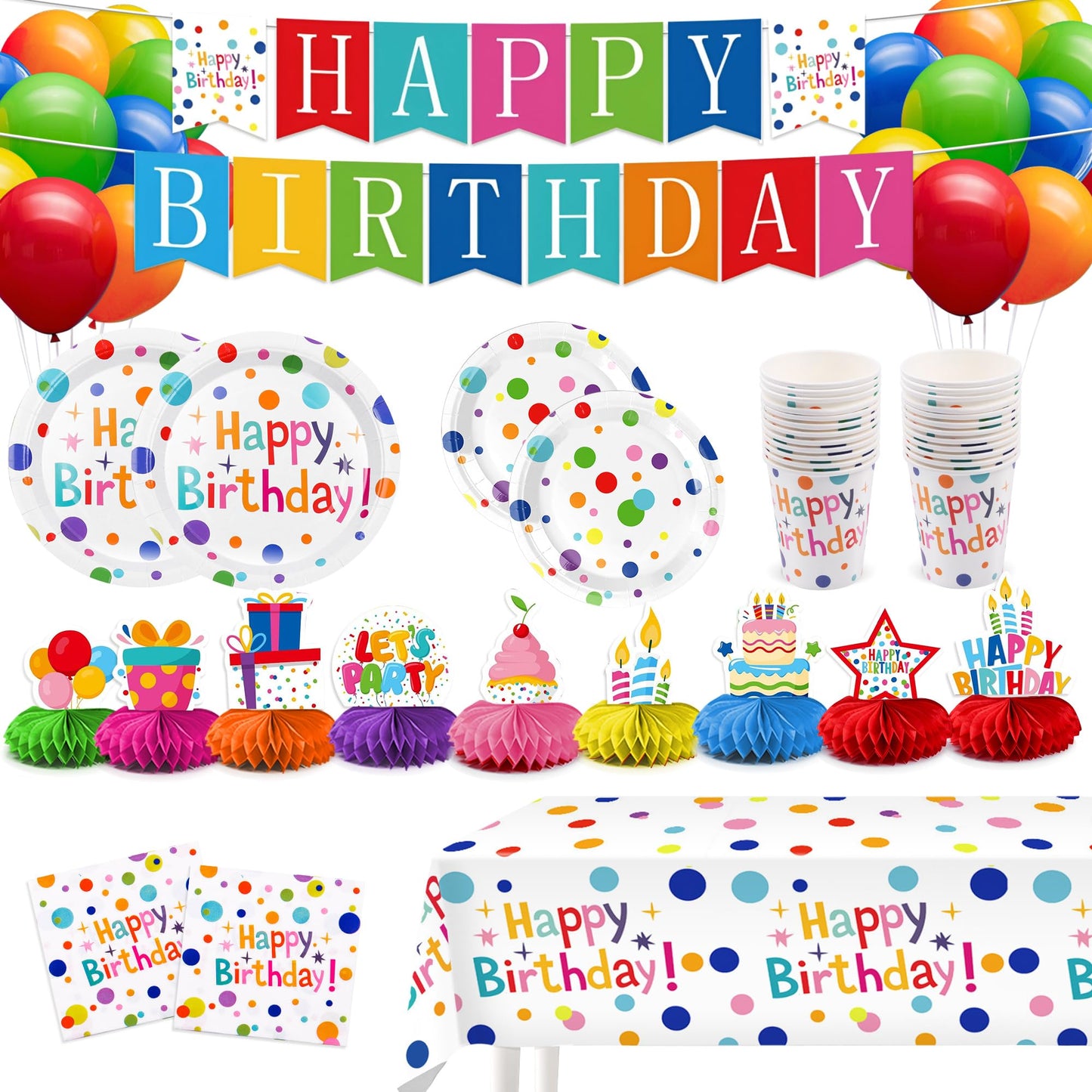 VVSBPL 127Pcs Happy Birthday Party Supplies – Dot Design Disposable Tableware Set for 24