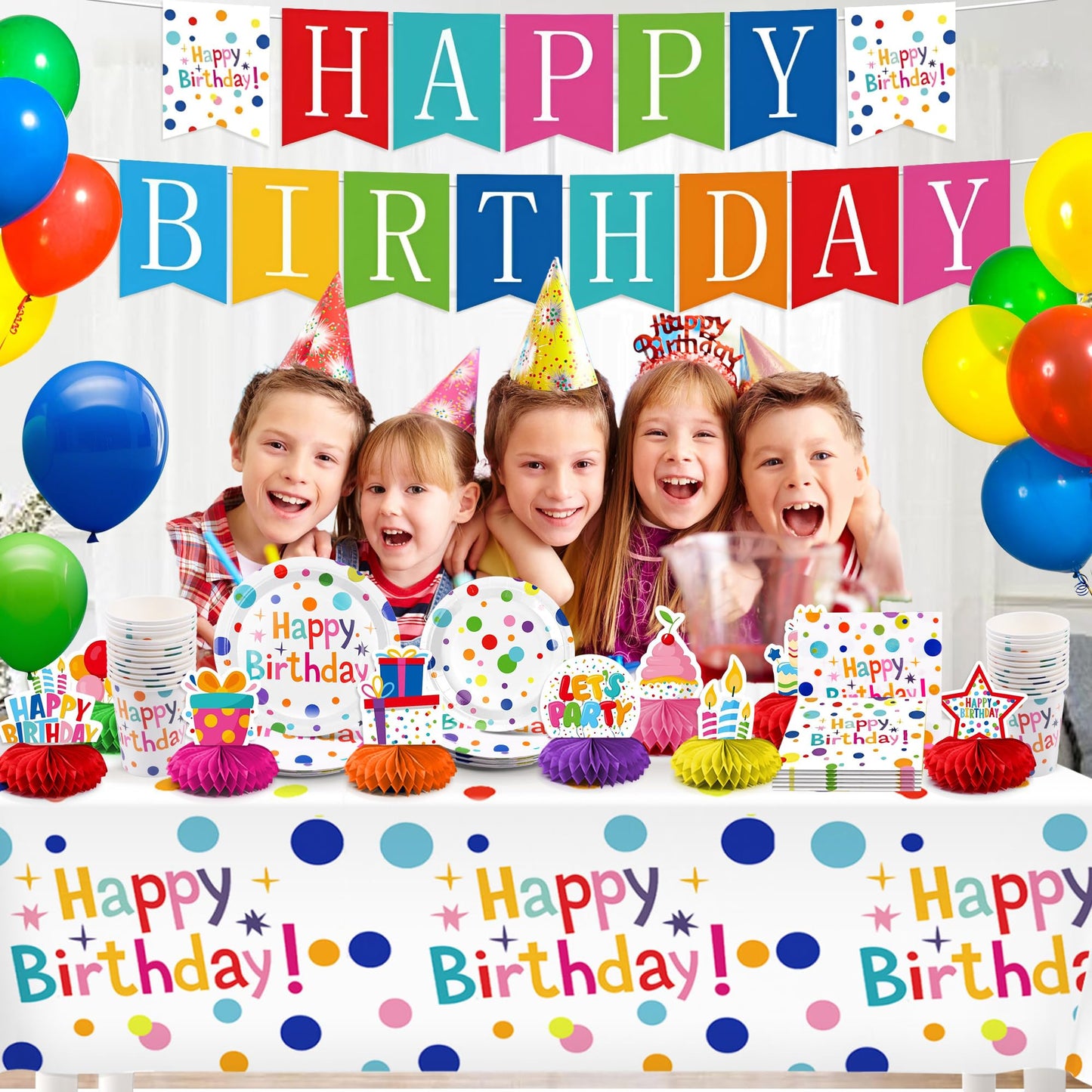 VVSBPL 127Pcs Happy Birthday Party Supplies – Dot Design Disposable Tableware Set for 24