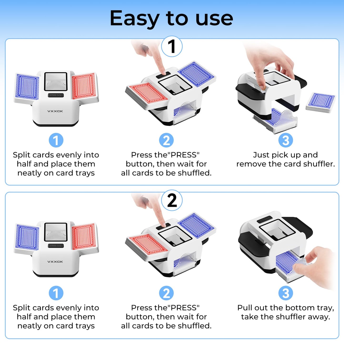 VXXCK Automatic Card Shuffler for 1-2 Decks | Dual Motors, USB-C Rechargeable, Low Noise