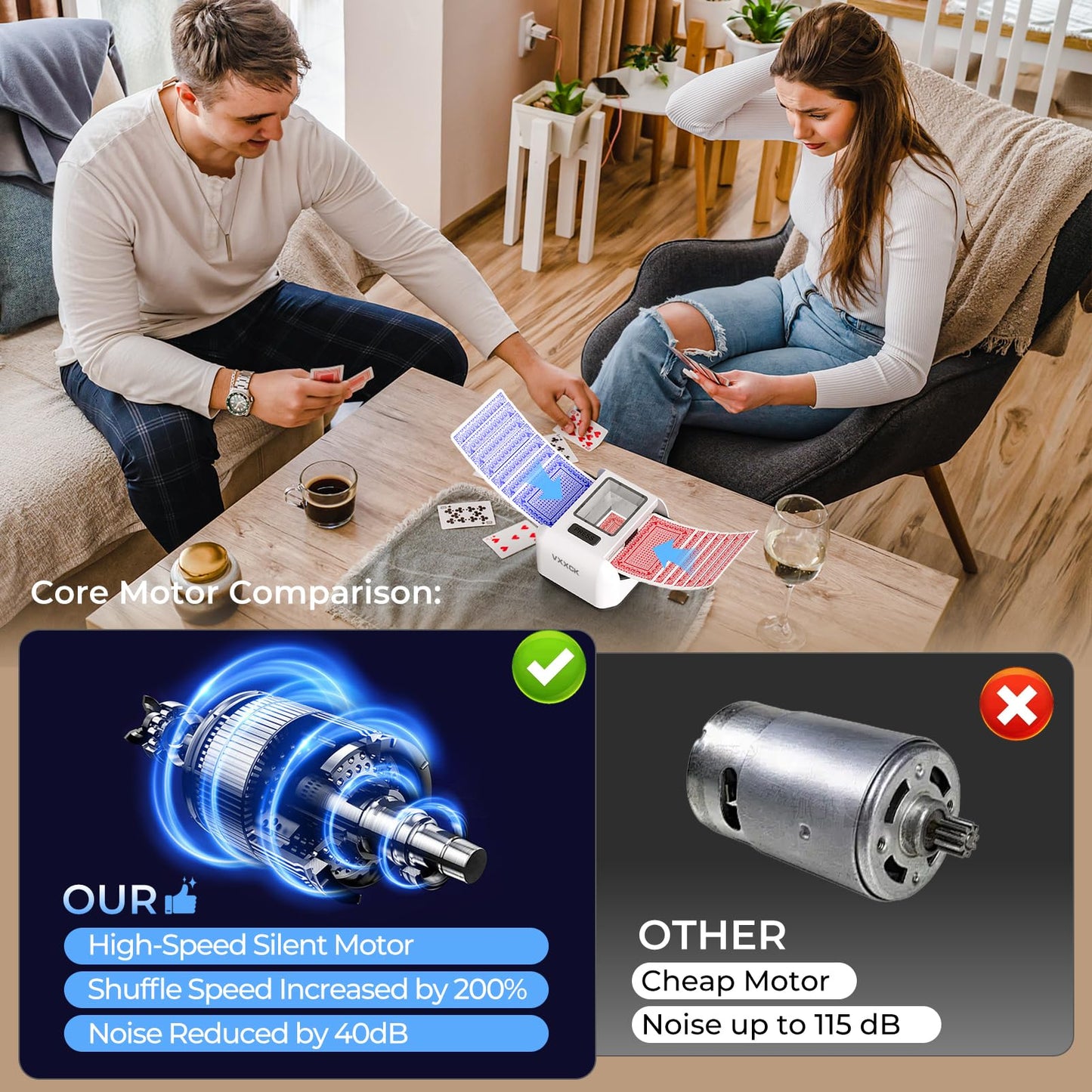 VXXCK Automatic Card Shuffler for 1-2 Decks | Dual Motors, USB-C Rechargeable, Low Noise
