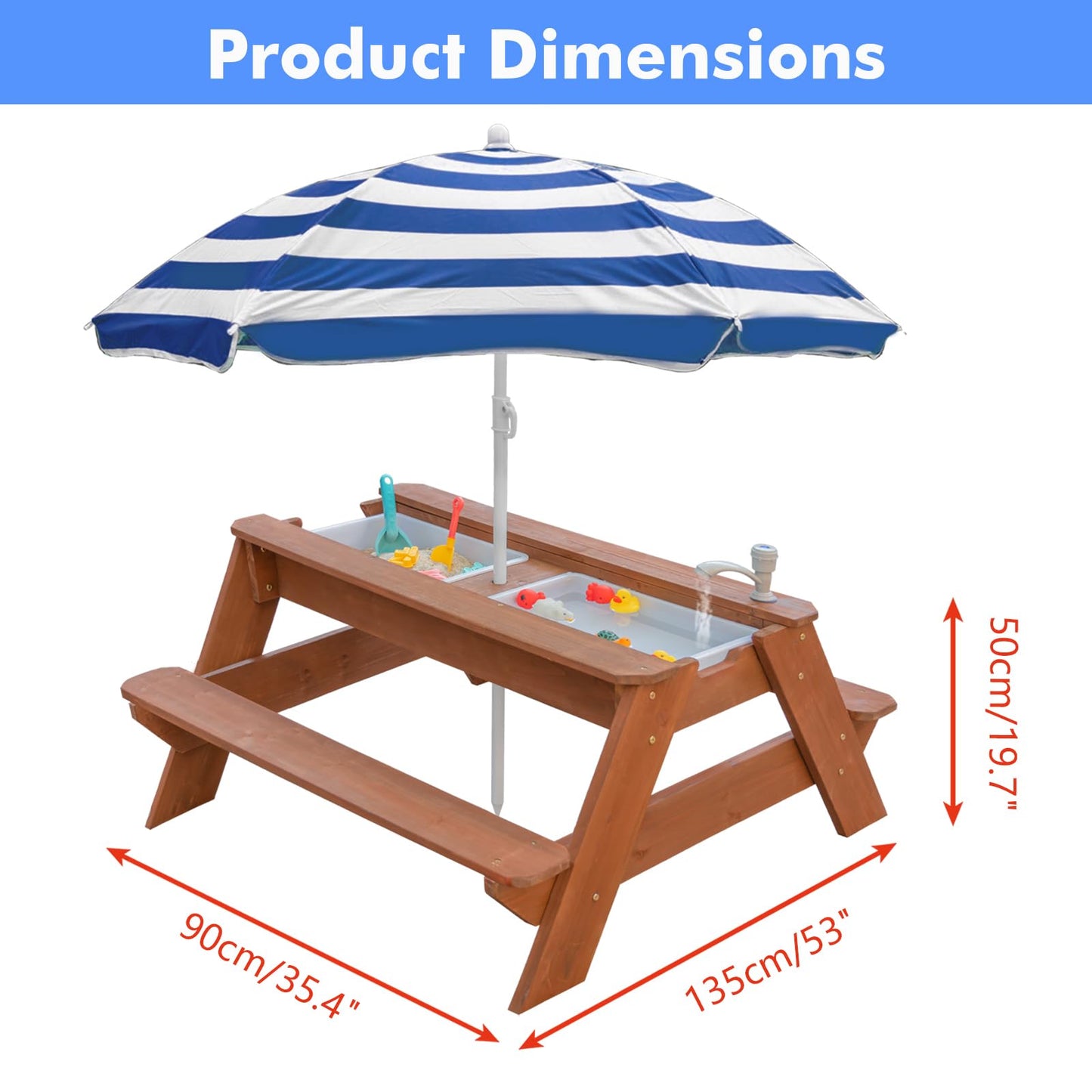 VYOMAMA Kids 3-in-1 Sand & Water Table with Umbrella | Outdoor Wooden Picnic Table