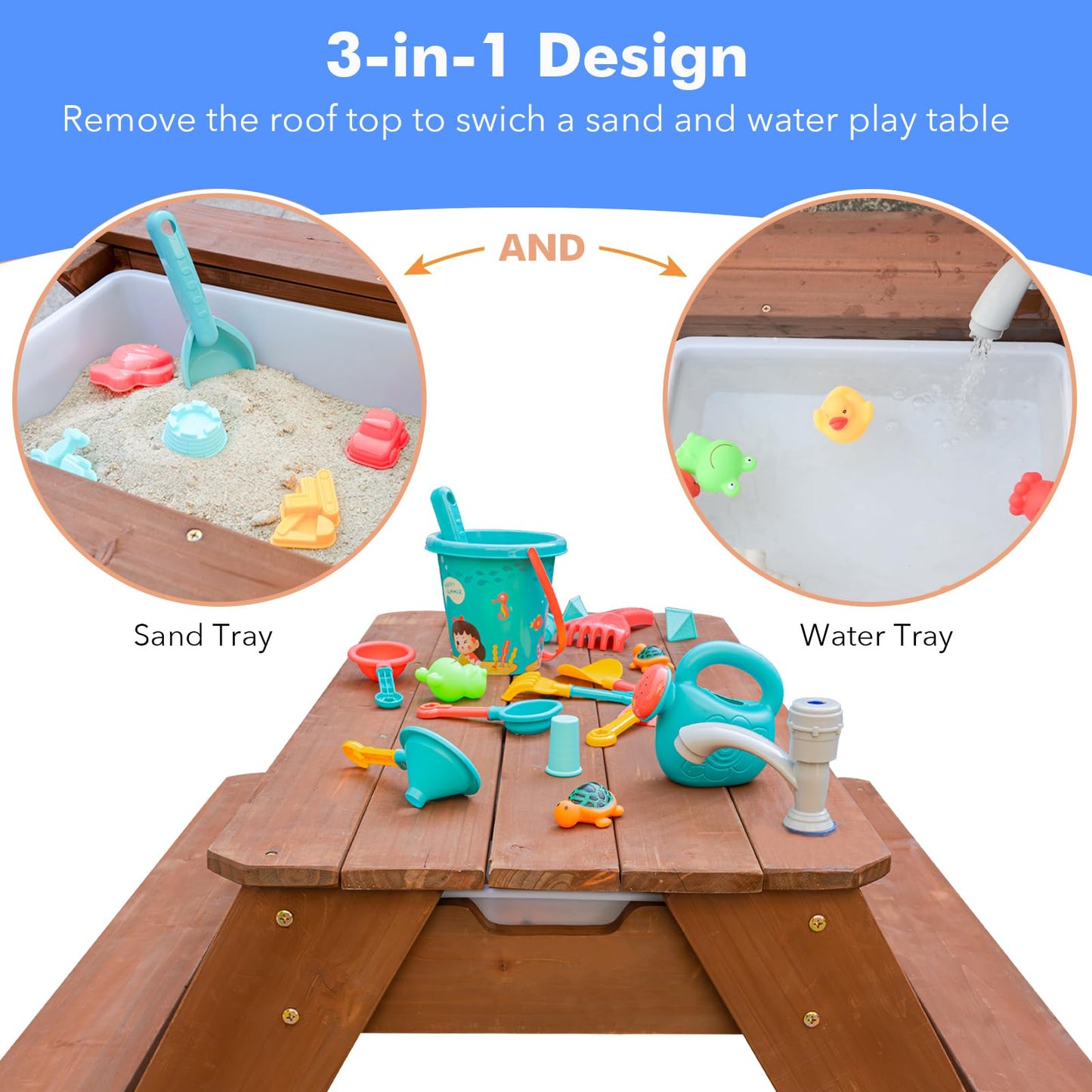 VYOMAMA Kids 3-in-1 Sand & Water Table with Umbrella | Outdoor Wooden Picnic Table