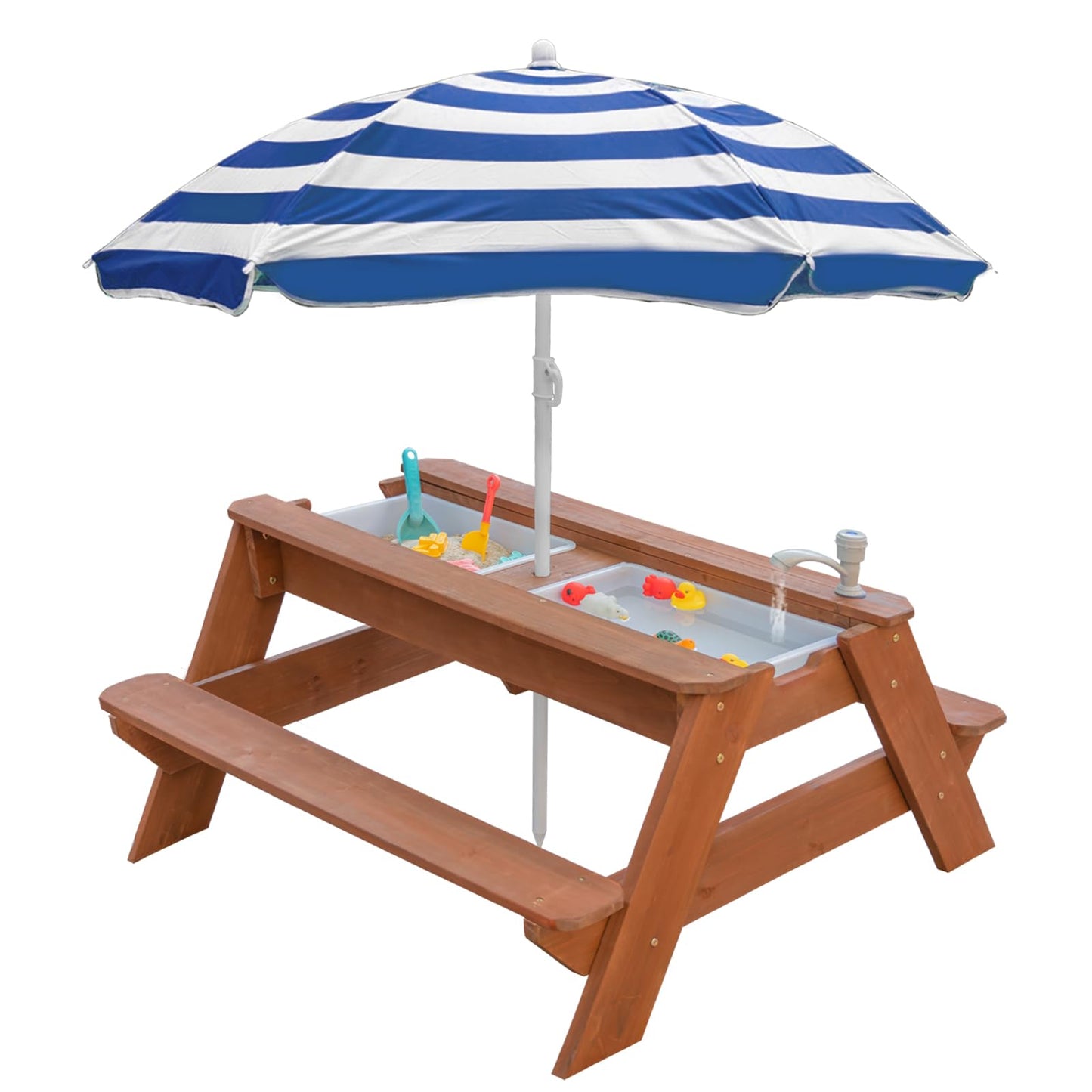 VYOMAMA Kids 3-in-1 Sand & Water Table with Umbrella | Outdoor Wooden Picnic Table
