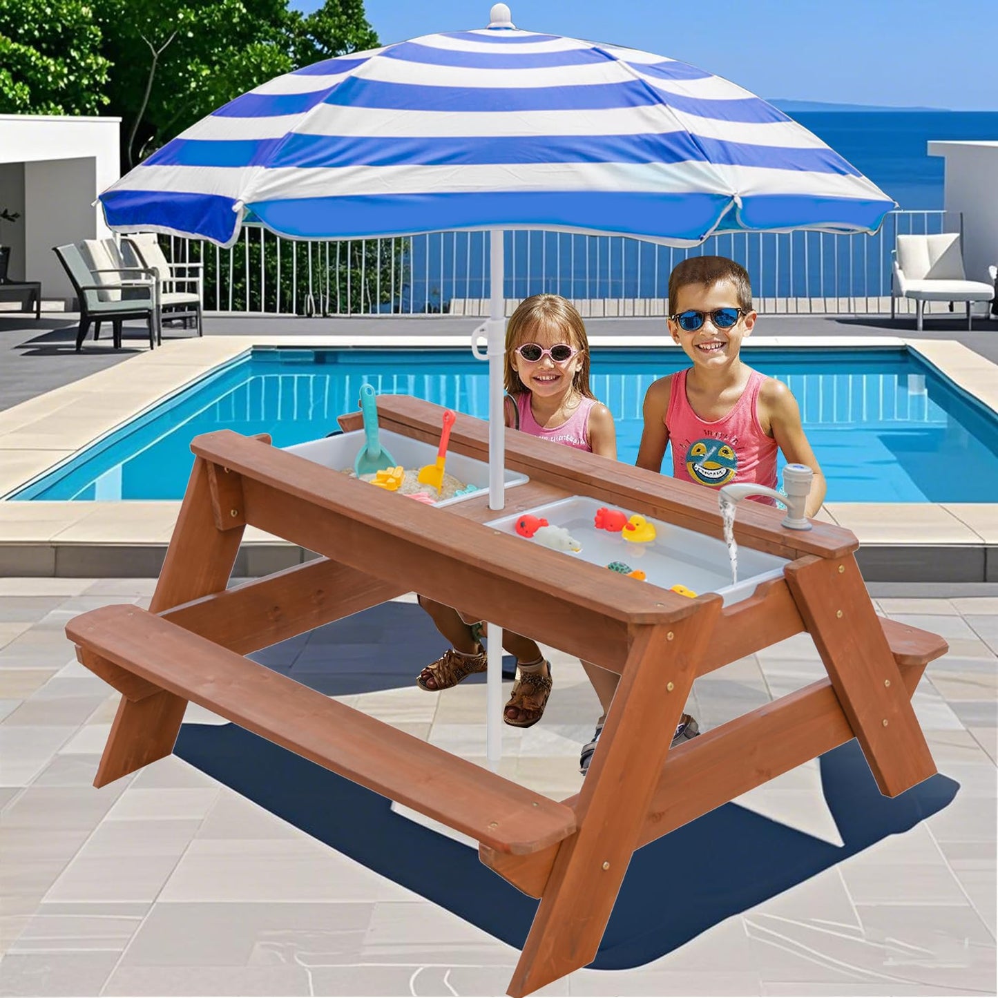 VYOMAMA Kids 3-in-1 Sand & Water Table with Umbrella | Outdoor Wooden Picnic Table