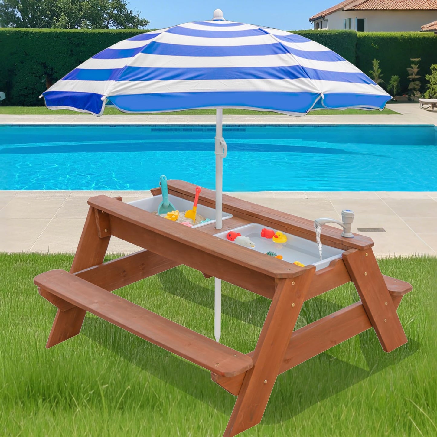 VYOMAMA Kids 3-in-1 Sand & Water Table with Umbrella | Outdoor Wooden Picnic Table