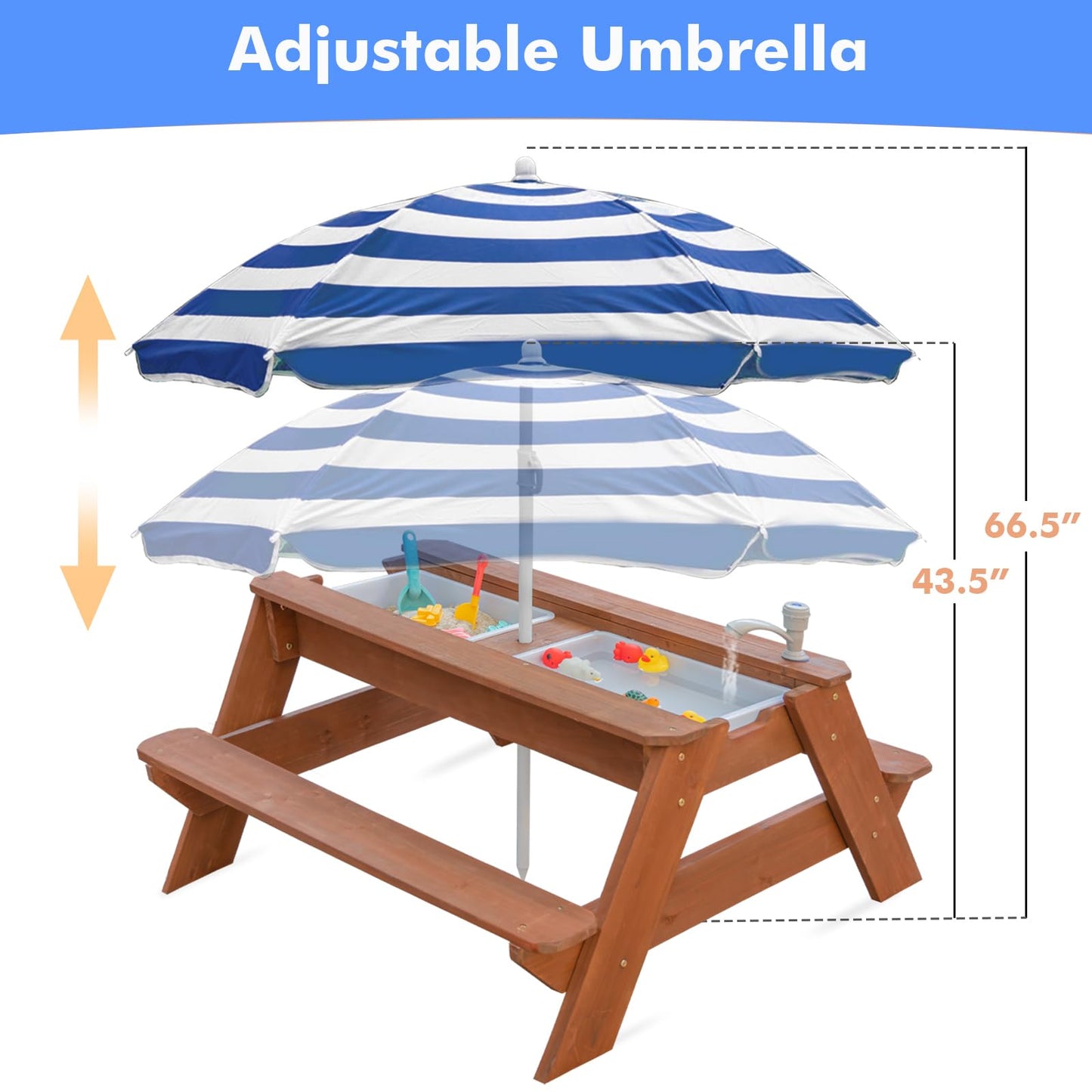 VYOMAMA Kids 3-in-1 Sand & Water Table with Umbrella | Outdoor Wooden Picnic Table