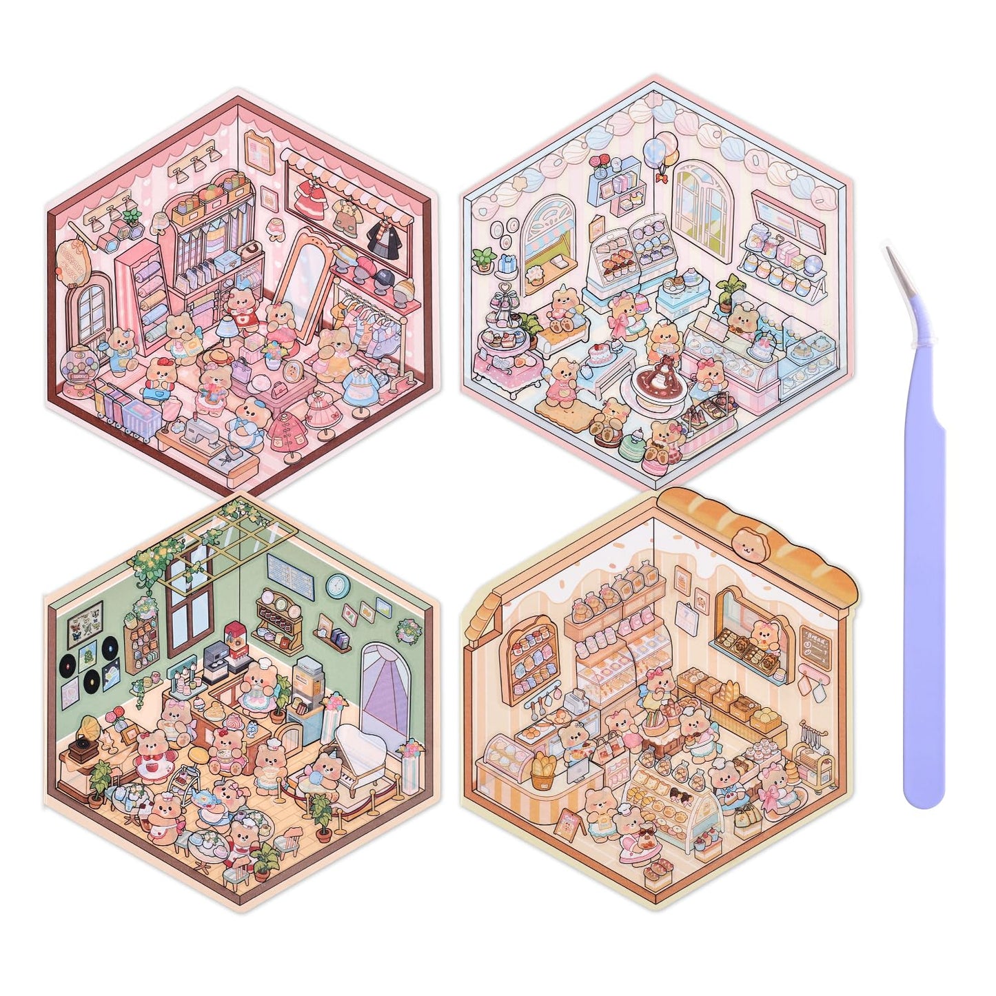 VYRANA 3D Scene Stickers – 4 DIY Mini Shop Sets for Clothing, Coffee, Bakery & Dessert