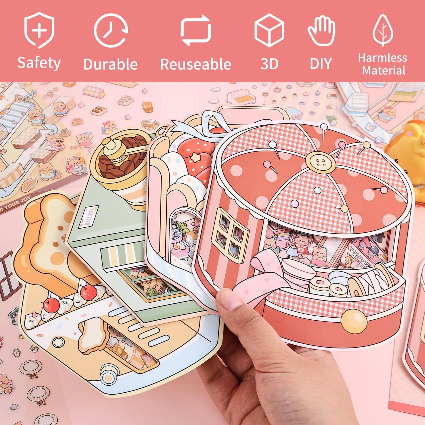 VYRANA 3D Scene Stickers – 4 DIY Mini Shop Sets for Clothing, Coffee, Bakery & Dessert