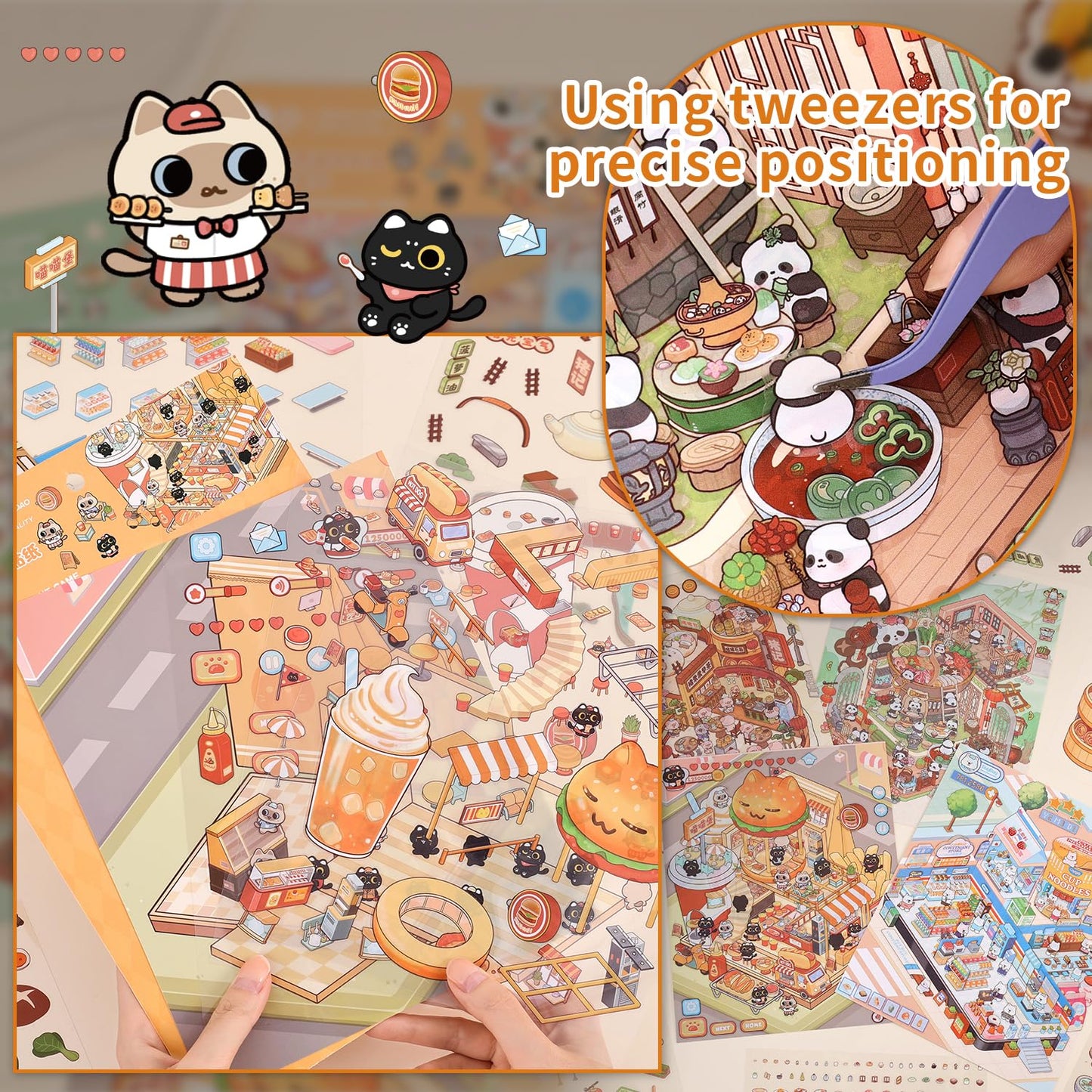 VYRANA 3D Mini Store Sticker Set – 4 DIY Scenes (Burger, Hot Pot, Convenience, Breakfast)