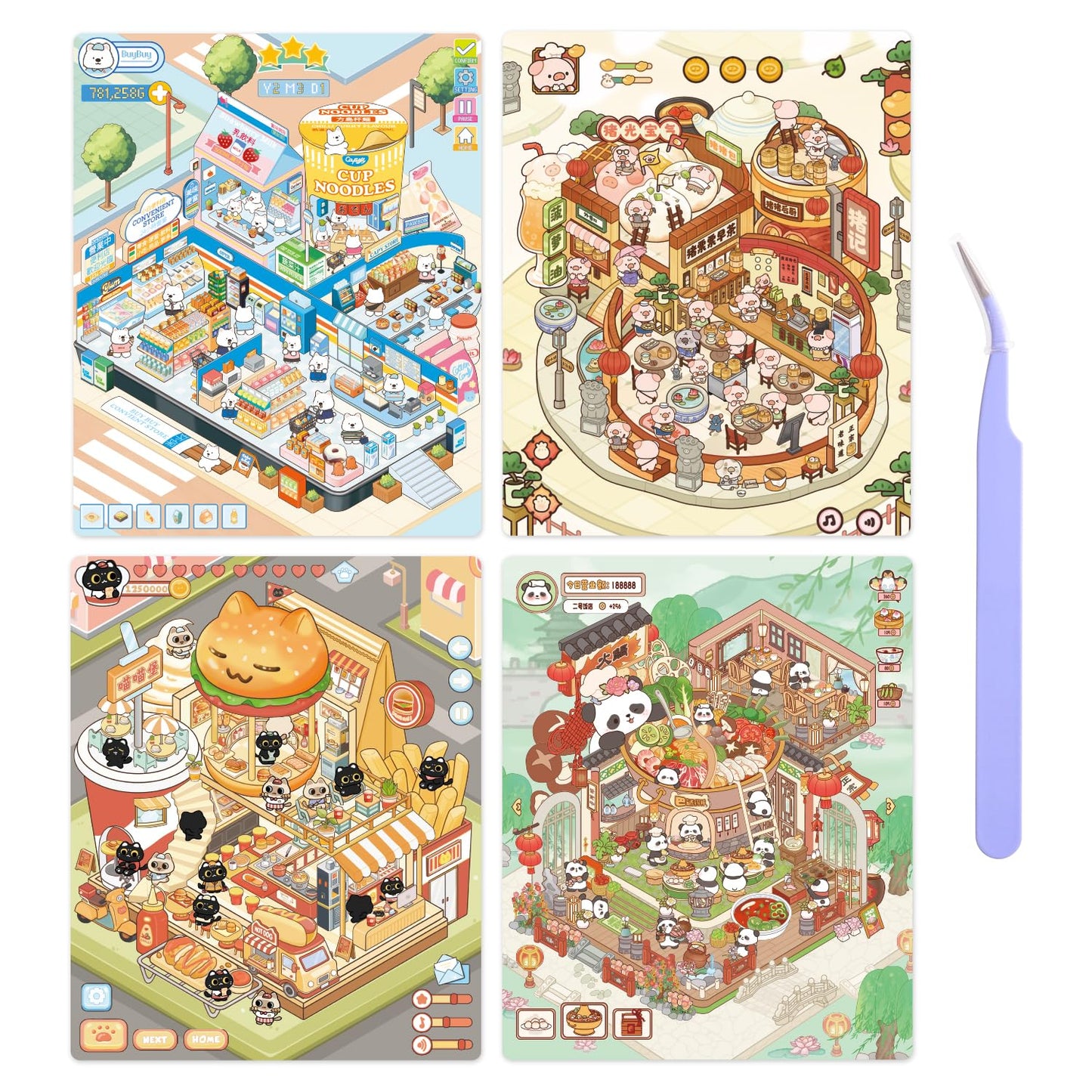 VYRANA 3D Mini Store Sticker Set – 4 DIY Scenes (Burger, Hot Pot, Convenience, Breakfast)