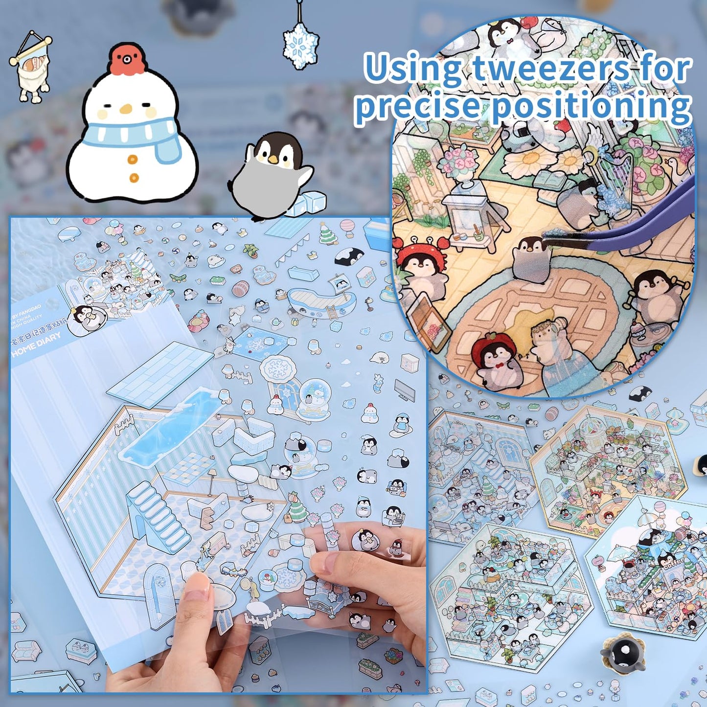VYRANA Girls 3D Miniature Scene Stickers – 4 DIY House Sets (Sweet World, Fun Beach, Flower Room, Home Diary) Penguin Holiday