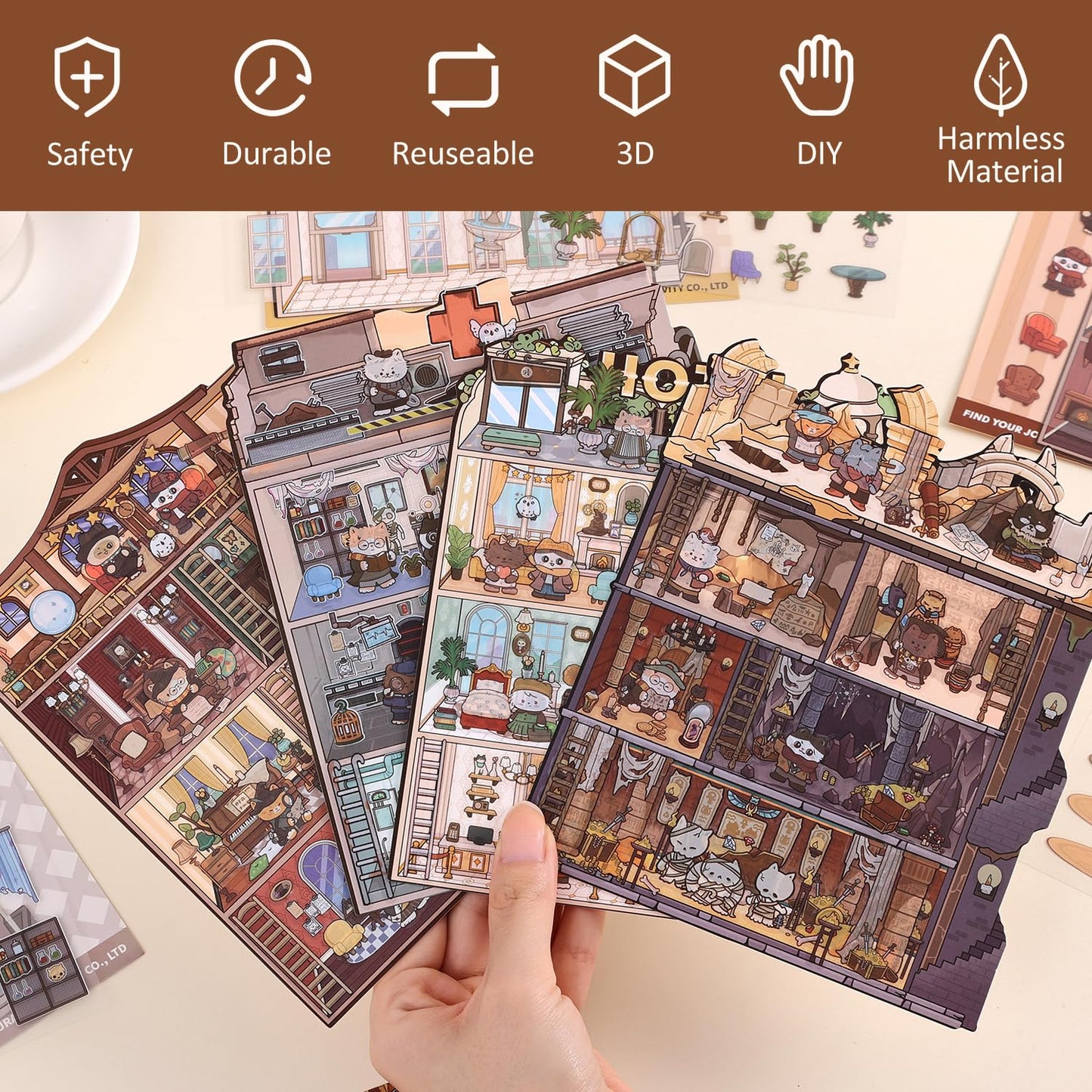 VYRANA Girls 3D Miniature Scene Stickers – 4 DIY House Theme Sets