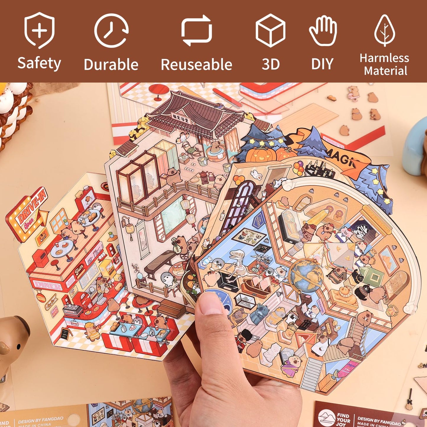 VYRANA Girls 3D Miniature Scene Stickers – 4 DIY World Travel Sets for Creative Play