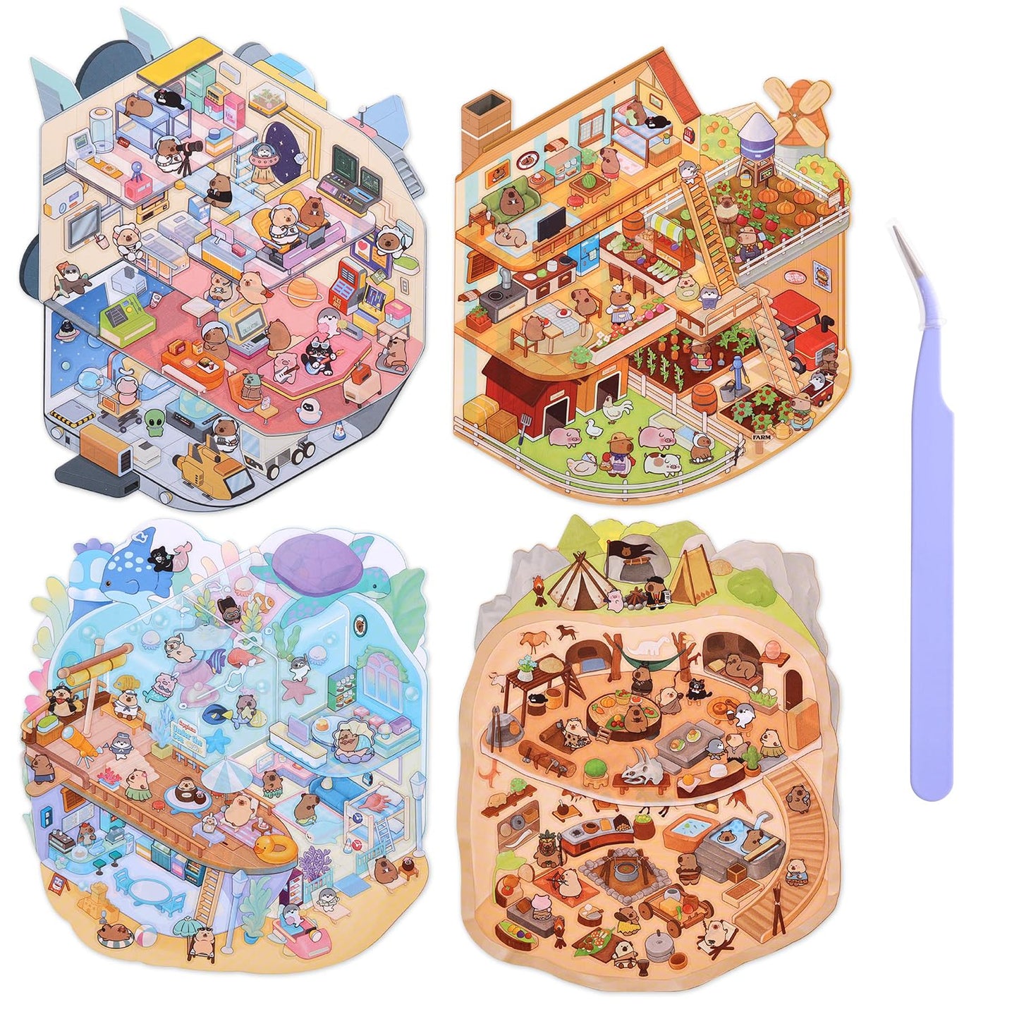 VYRANA Girls 3D Miniature Scene Stickers – 4 World Adventure DIY Sets (Space, Cave, Farm, Underwater)