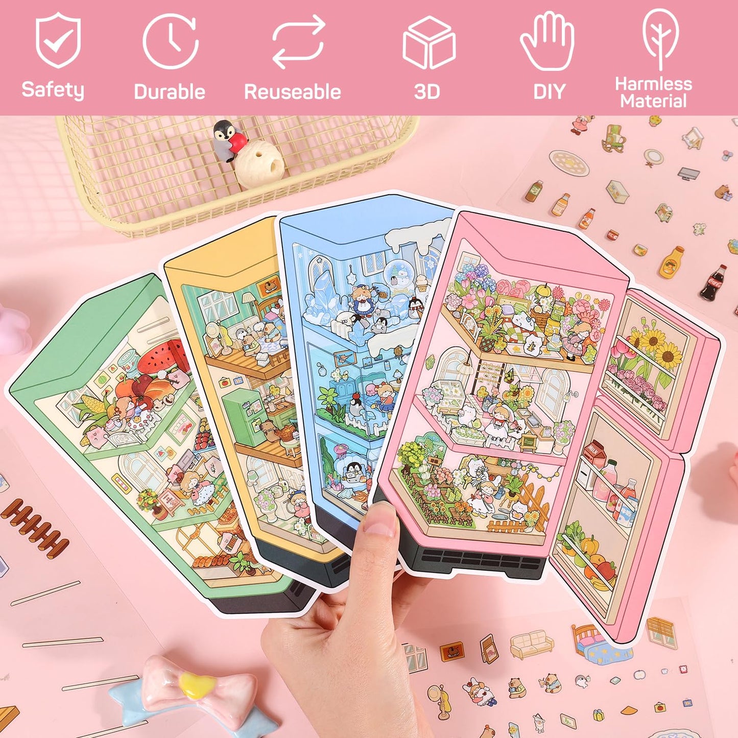 VYRANA Girls 3D Mini Sticker Scenes – 4 Set DIY 3D House Stickers for Fridge, Notebook & More