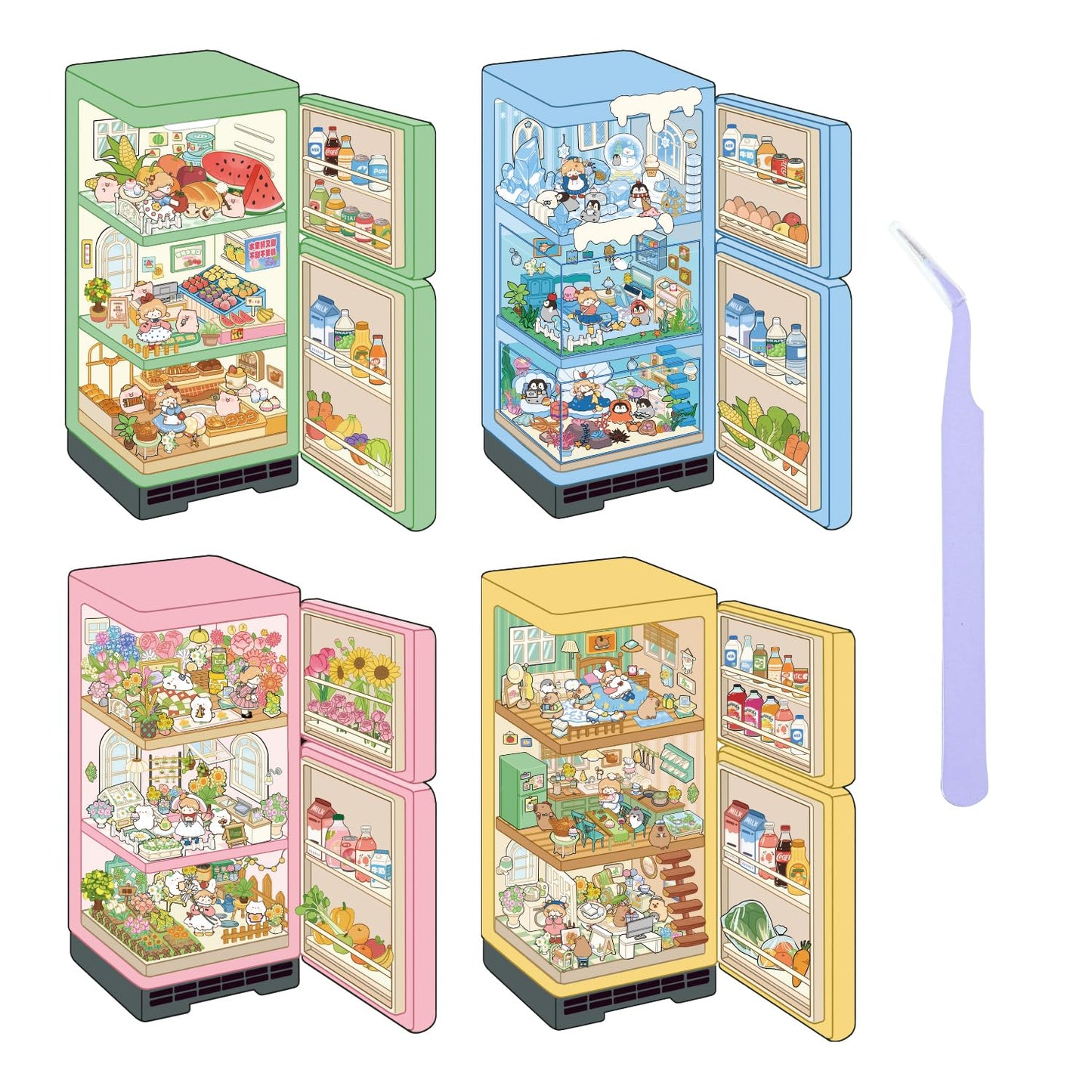 VYRANA Girls 3D Mini Sticker Scenes – 4 Set DIY 3D House Stickers for Fridge, Notebook & More