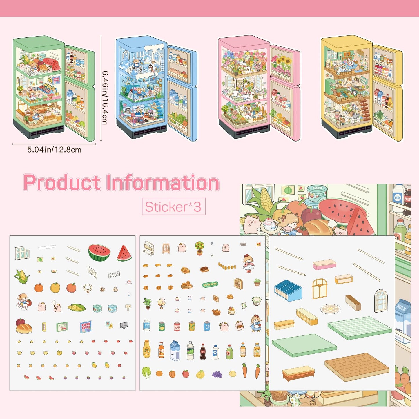 VYRANA Girls 3D Mini Sticker Scenes – 4 Set DIY 3D House Stickers for Fridge, Notebook & More