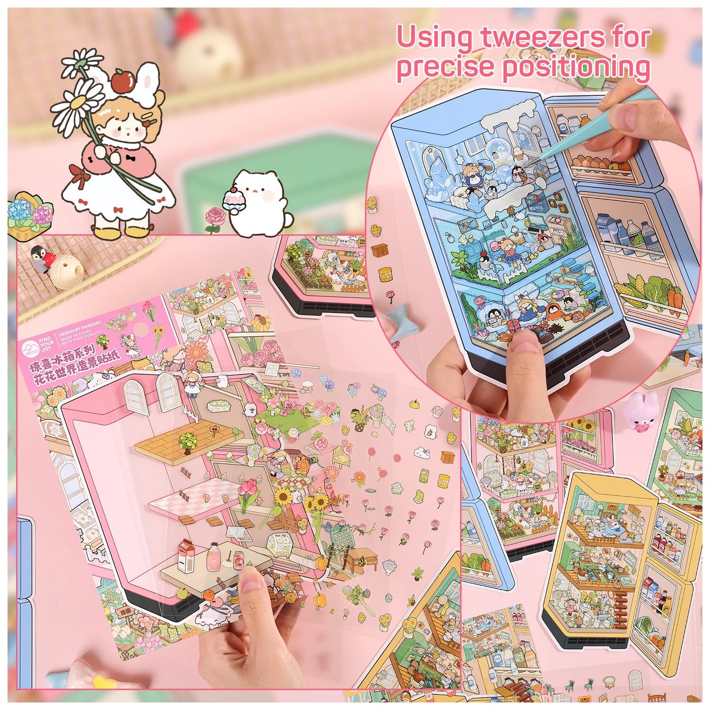 VYRANA Girls 3D Mini Sticker Scenes – 4 Set DIY 3D House Stickers for Fridge, Notebook & More