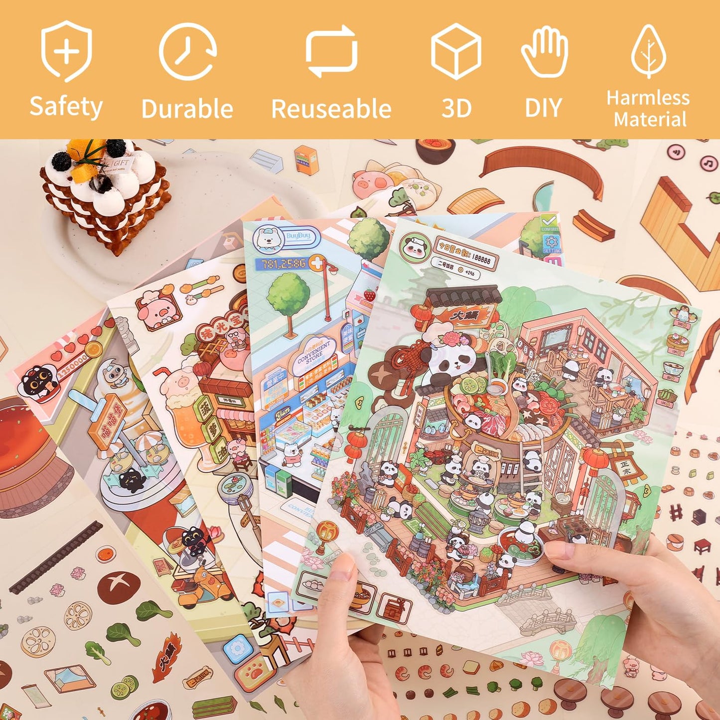 VYRANA 3D Mini Store Sticker Set – 4 DIY Scenes (Burger, Hot Pot, Convenience, Breakfast)