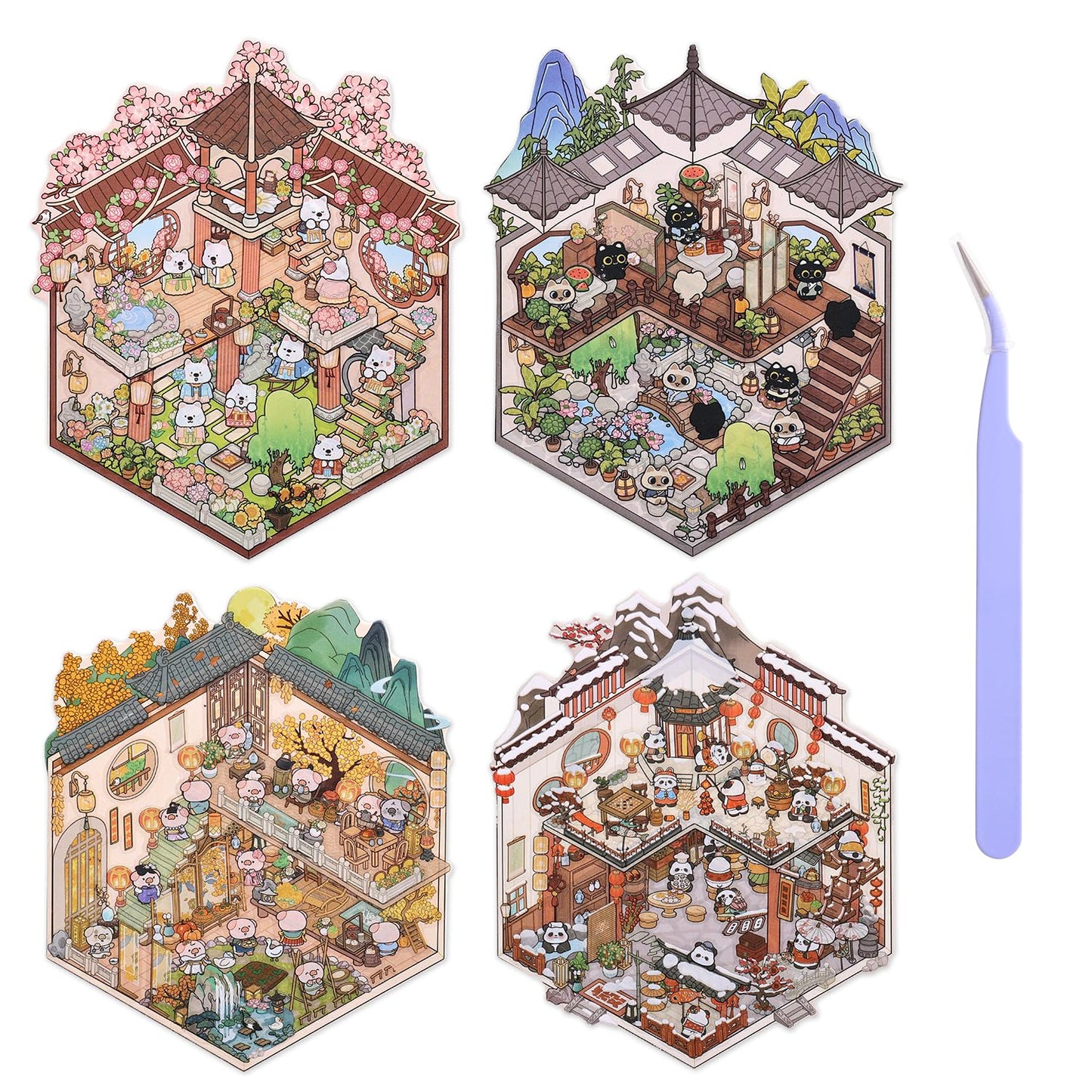 VYRANA Girls 3D Miniature Scene Stickers – 4 DIY House Sticker Sets for Lunar New Year & Seasonal Decor