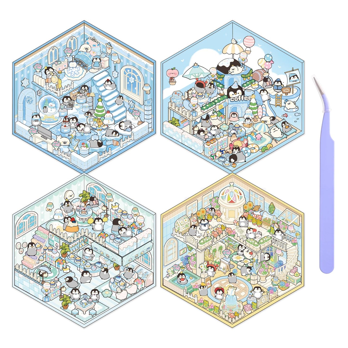 VYRANA Girls 3D Miniature Scene Stickers – 4 DIY House Sets (Sweet World, Fun Beach, Flower Room, Home Diary) Penguin Holiday