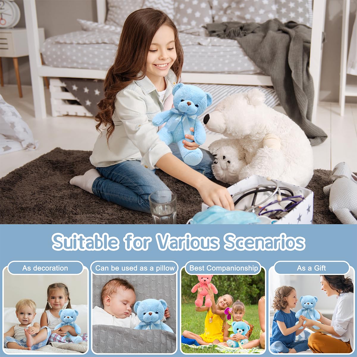 VYUSIT Blue Teddy Bear Plush – 12-Inch Cuddly Stuffed Bear for Kids