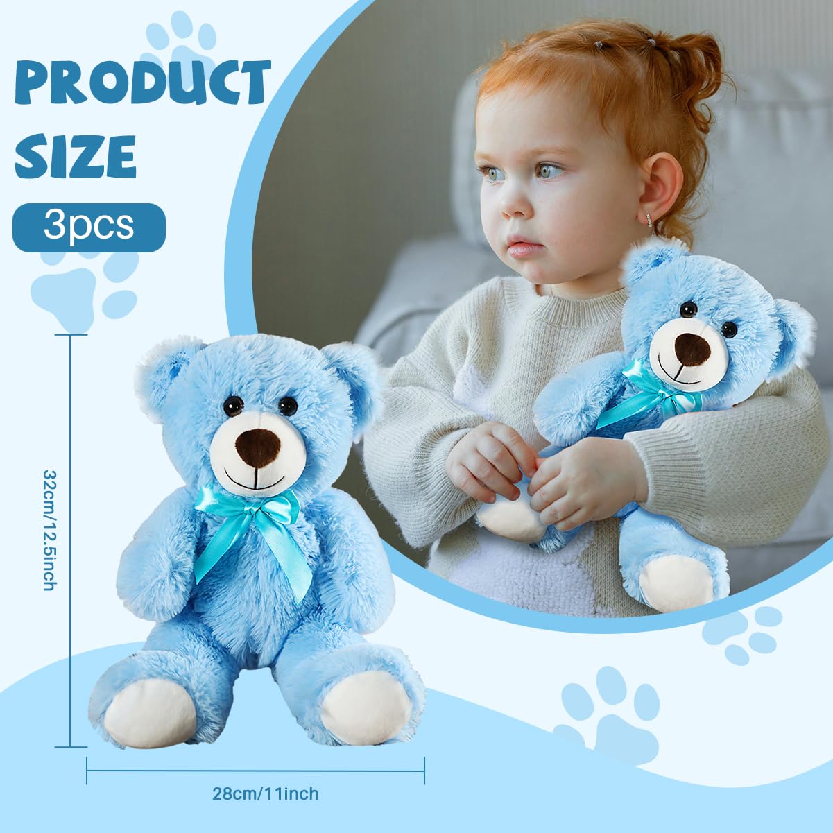 VYUSIT 3-Pack Blue Teddy Bears – 13.5-Inch Plush Stuffed Animals Bulk Gift Pack