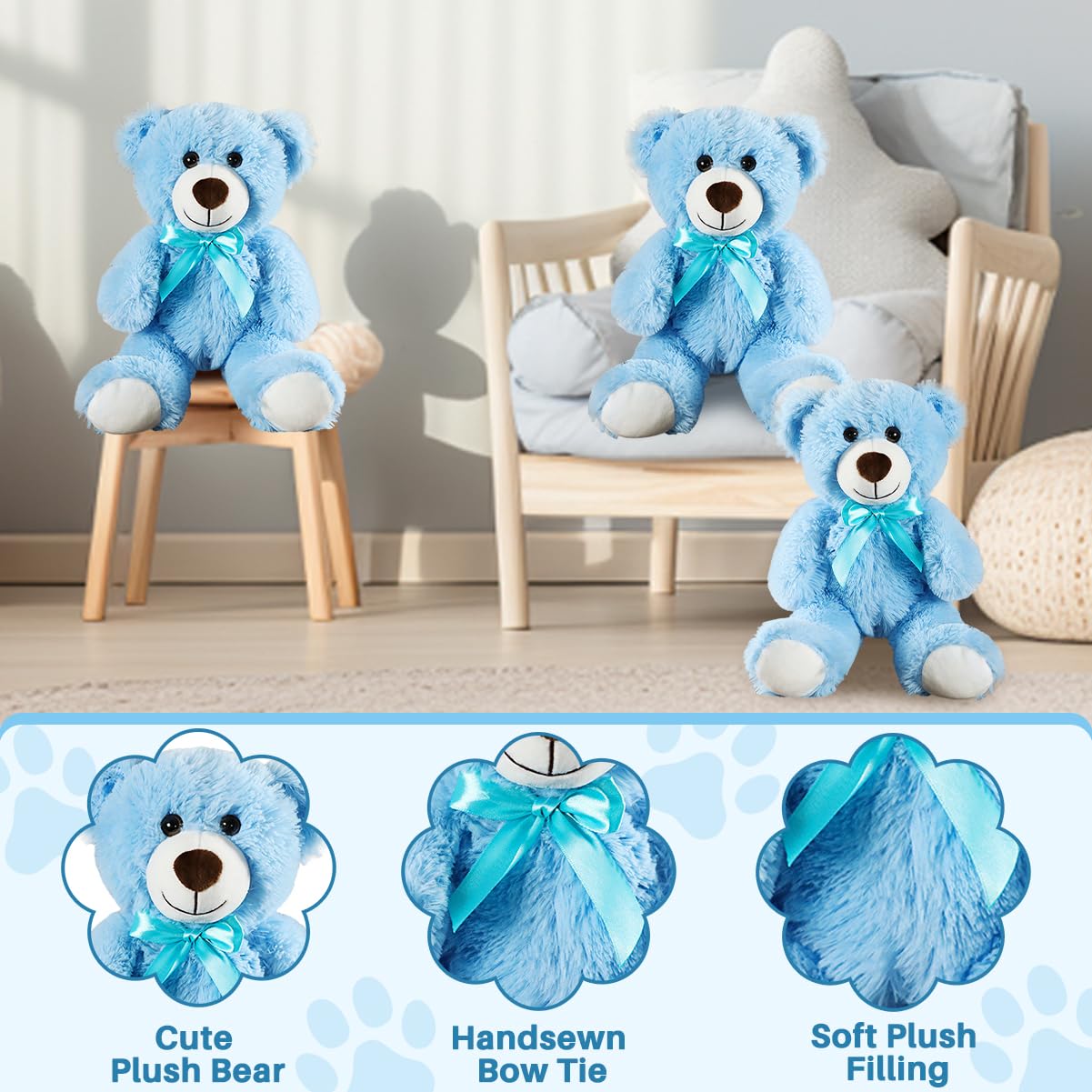 VYUSIT 3-Pack Blue Teddy Bears – 13.5-Inch Plush Stuffed Animals Bulk Gift Pack