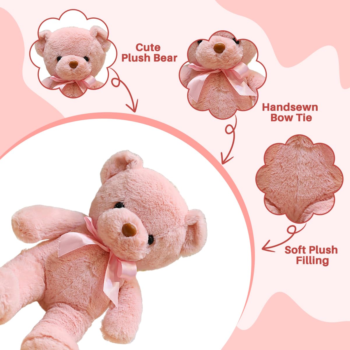 VYUSIT 3 Pcs Pink Teddy Bear Plush – 13.4-Inch Cute Cuddly Stuffed Animals for Kids