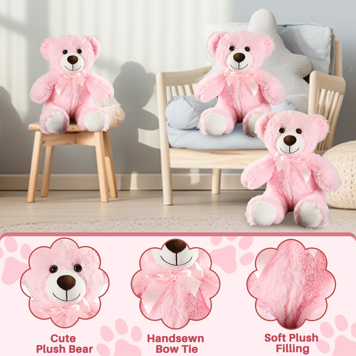 VYUSIT 3 Pcs Pink Teddy Bear Plush Set – 13.5 Inch Cuddly Stuffed Animals for Kids, Gifts, and Decor