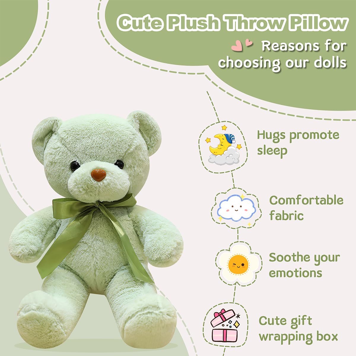 VYUSIT Green Teddy Bear 13.4” Plush – Soft Small Stuffed Bear for Kids, Gifts & Special Occasions