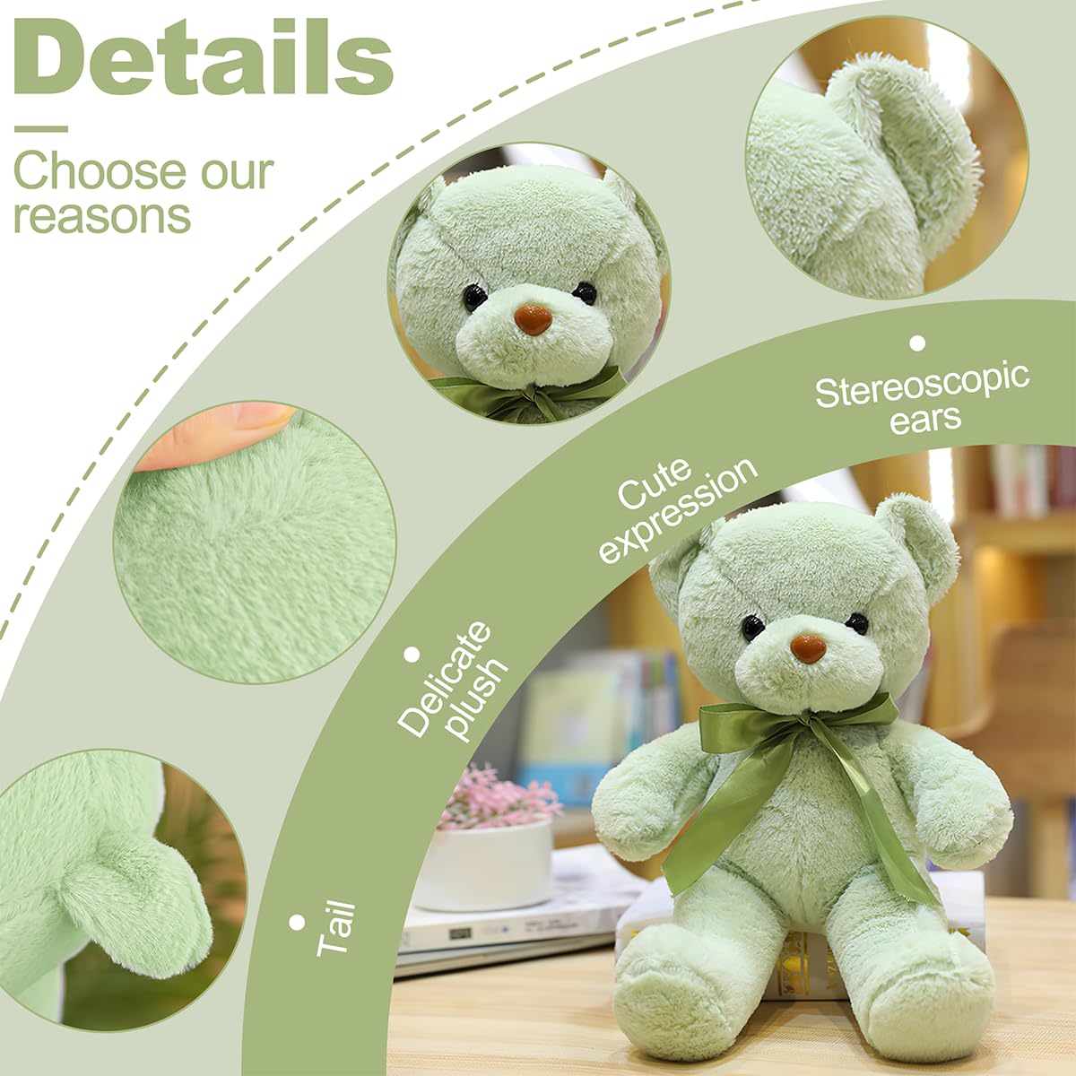 VYUSIT Green Teddy Bear 13.4” Plush – Soft Small Stuffed Bear for Kids, Gifts & Special Occasions