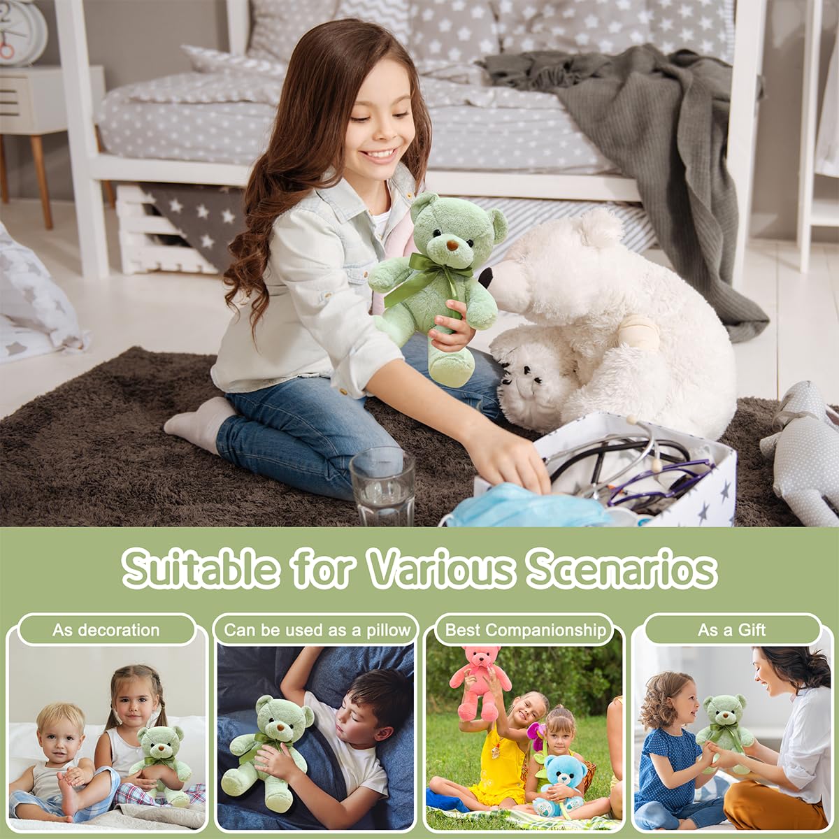 VYUSIT Green Teddy Bear 13.4” Plush – Soft Small Stuffed Bear for Kids, Gifts & Special Occasions