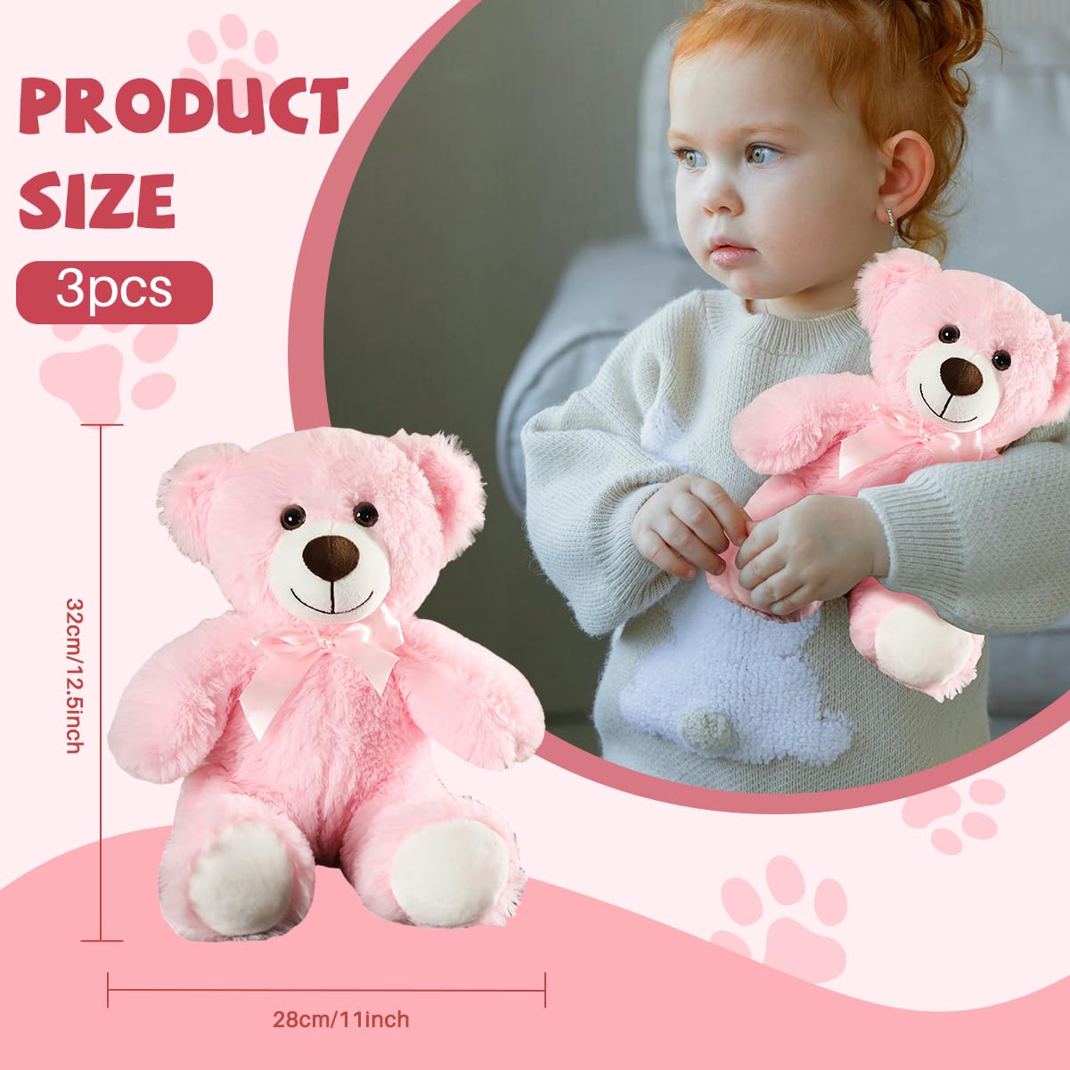 VYUSIT 3 Pcs Pink Teddy Bear Plush Set – 13.5 Inch Cuddly Stuffed Animals for Kids, Gifts, and Decor