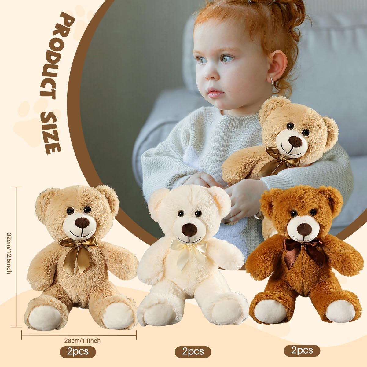 VYUSIT 6-Pcs Teddy Bear Plush Set — 13.5-Inch Soft Stuffed Bears for Baby Showers, Parties, Gifts