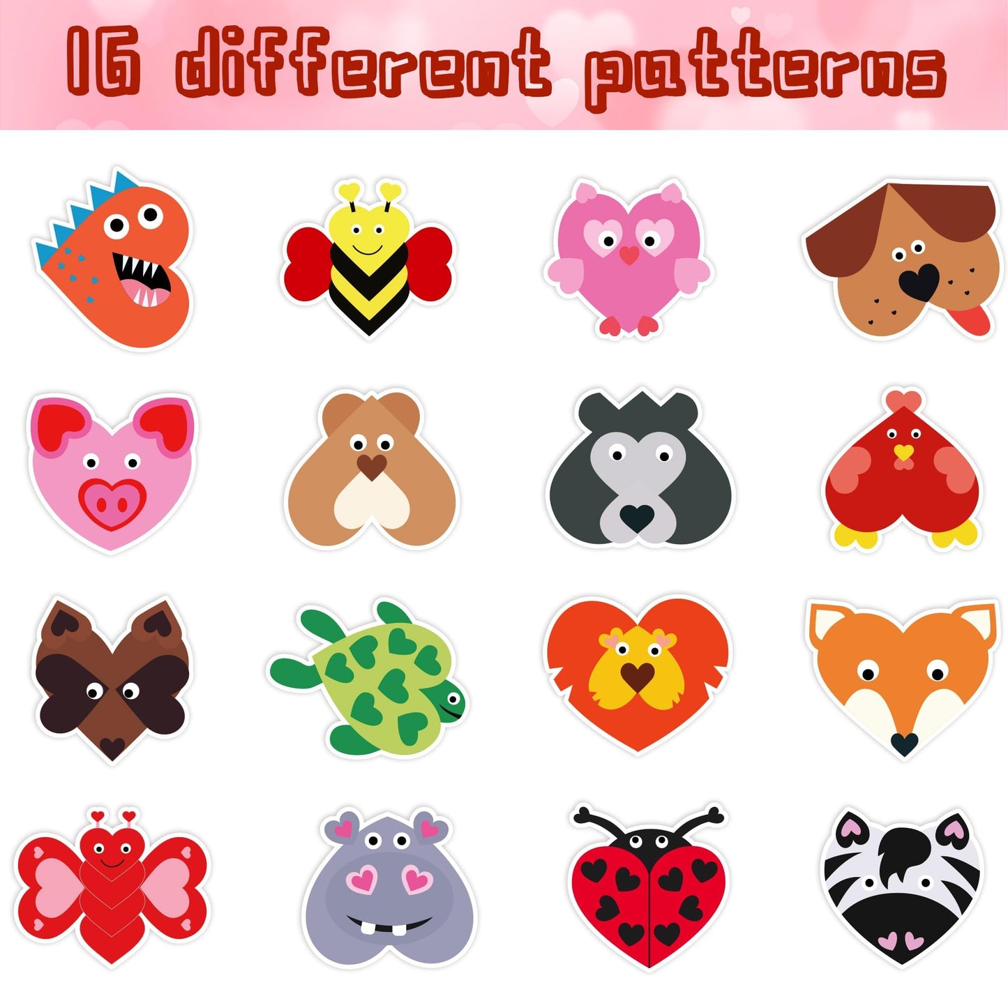 W1cwey Valentine’s Animal Heart Stickers – 1000 Pcs, 2 Rolls, 16 Designs