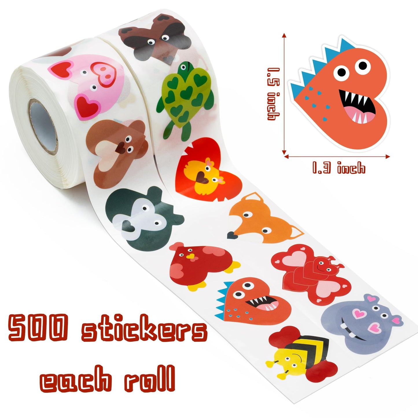 W1cwey Valentine’s Animal Heart Stickers – 1000 Pcs, 2 Rolls, 16 Designs