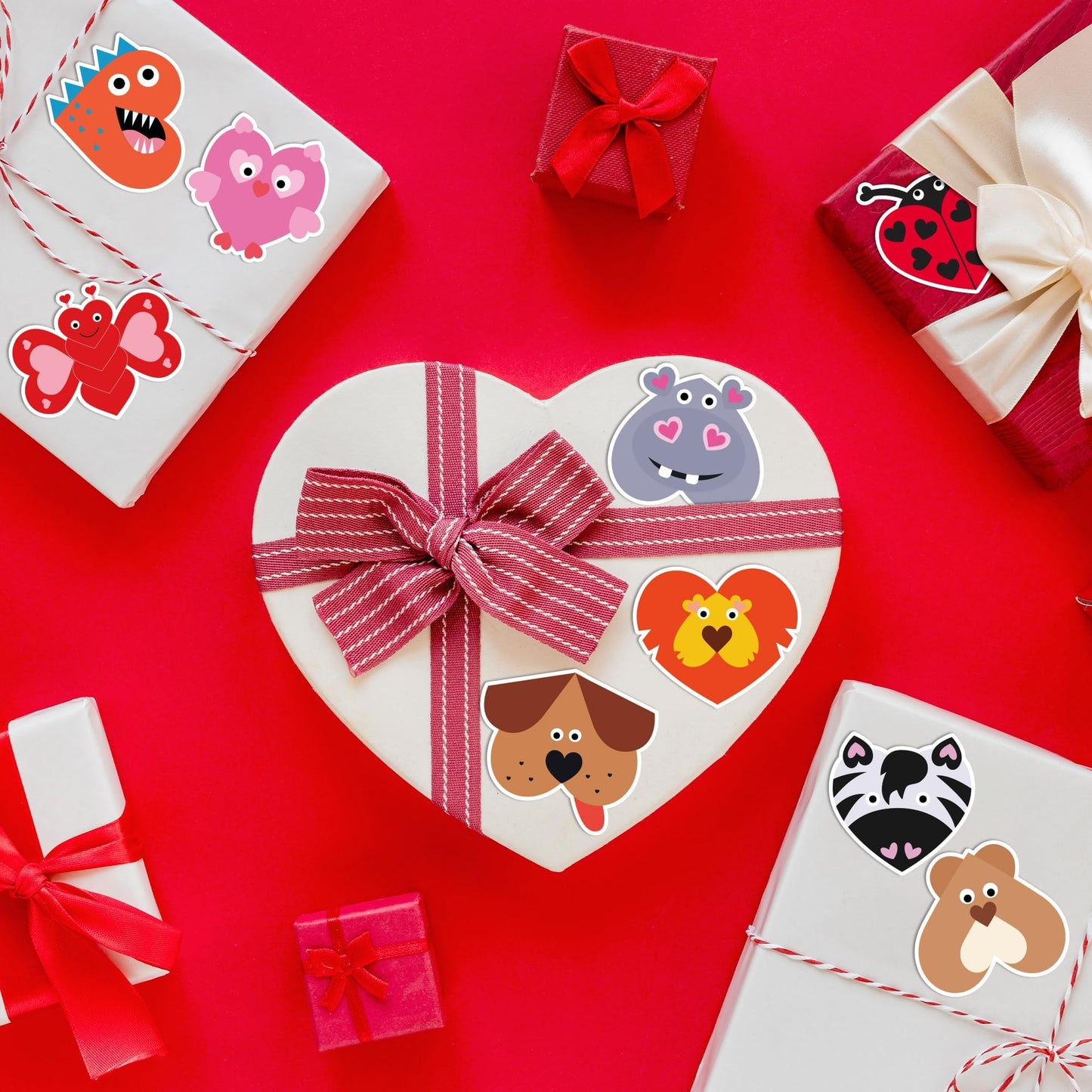 W1cwey Valentine’s Animal Heart Stickers – 1000 Pcs, 2 Rolls, 16 Designs