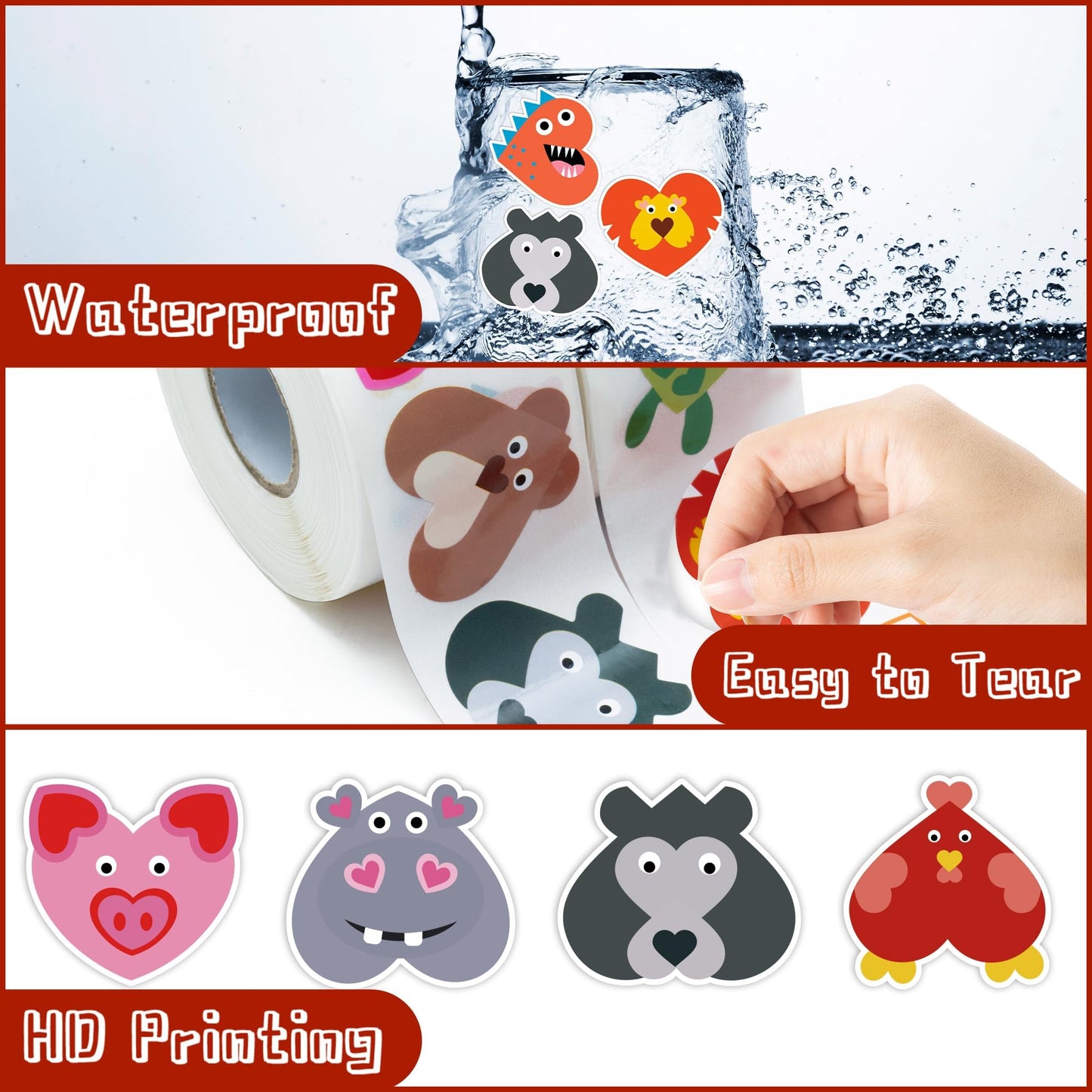 W1cwey Valentine’s Animal Heart Stickers – 1000 Pcs, 2 Rolls, 16 Designs