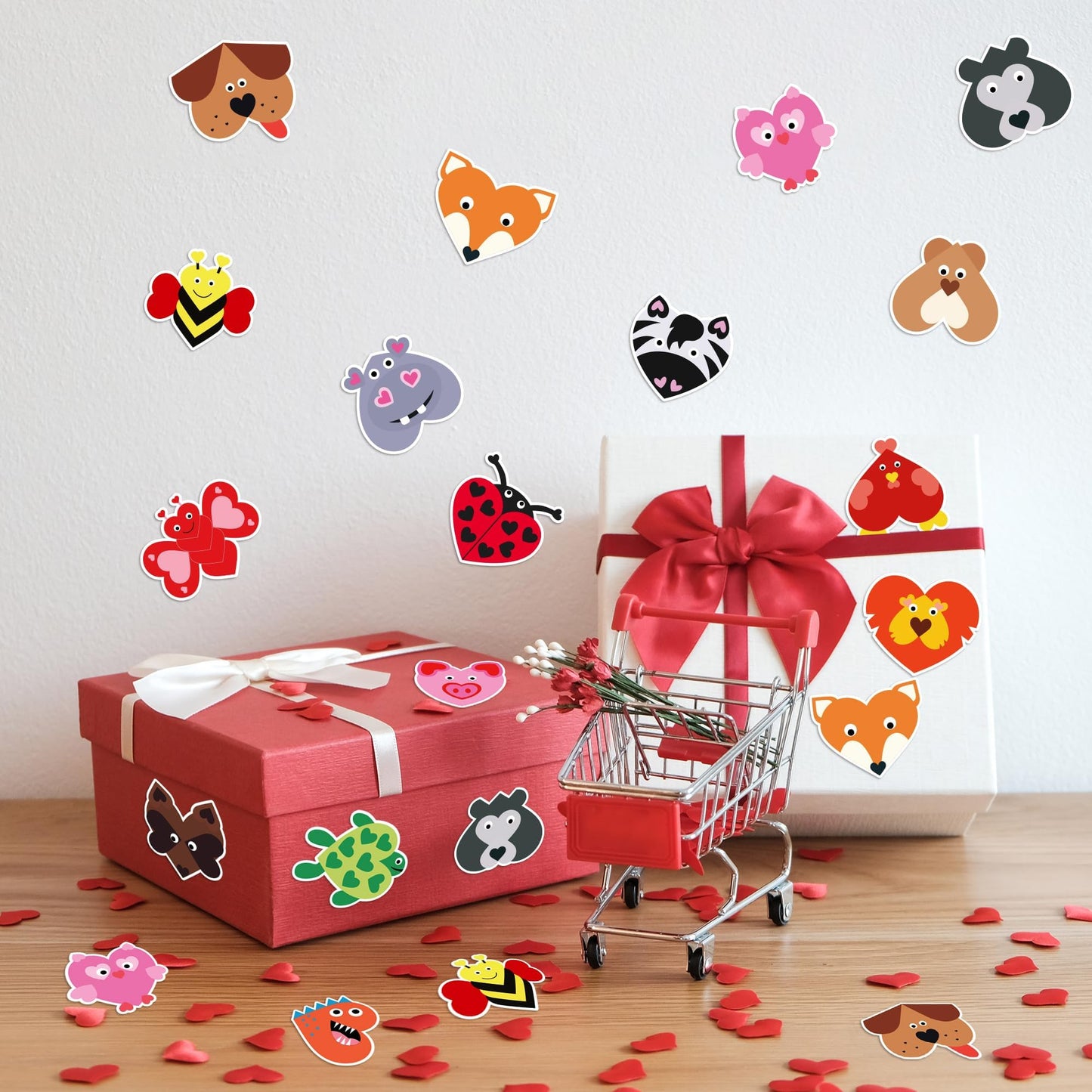 W1cwey Valentine’s Animal Heart Stickers – 1000 Pcs, 2 Rolls, 16 Designs