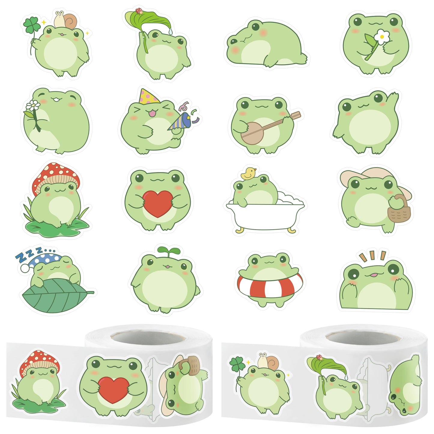 W1cwey Frog Sticker Rolls – 1000 Pieces, 2 Rolls, 1.5-Inch, 16 Designs for Luggage, Scrapbooks, Gifts