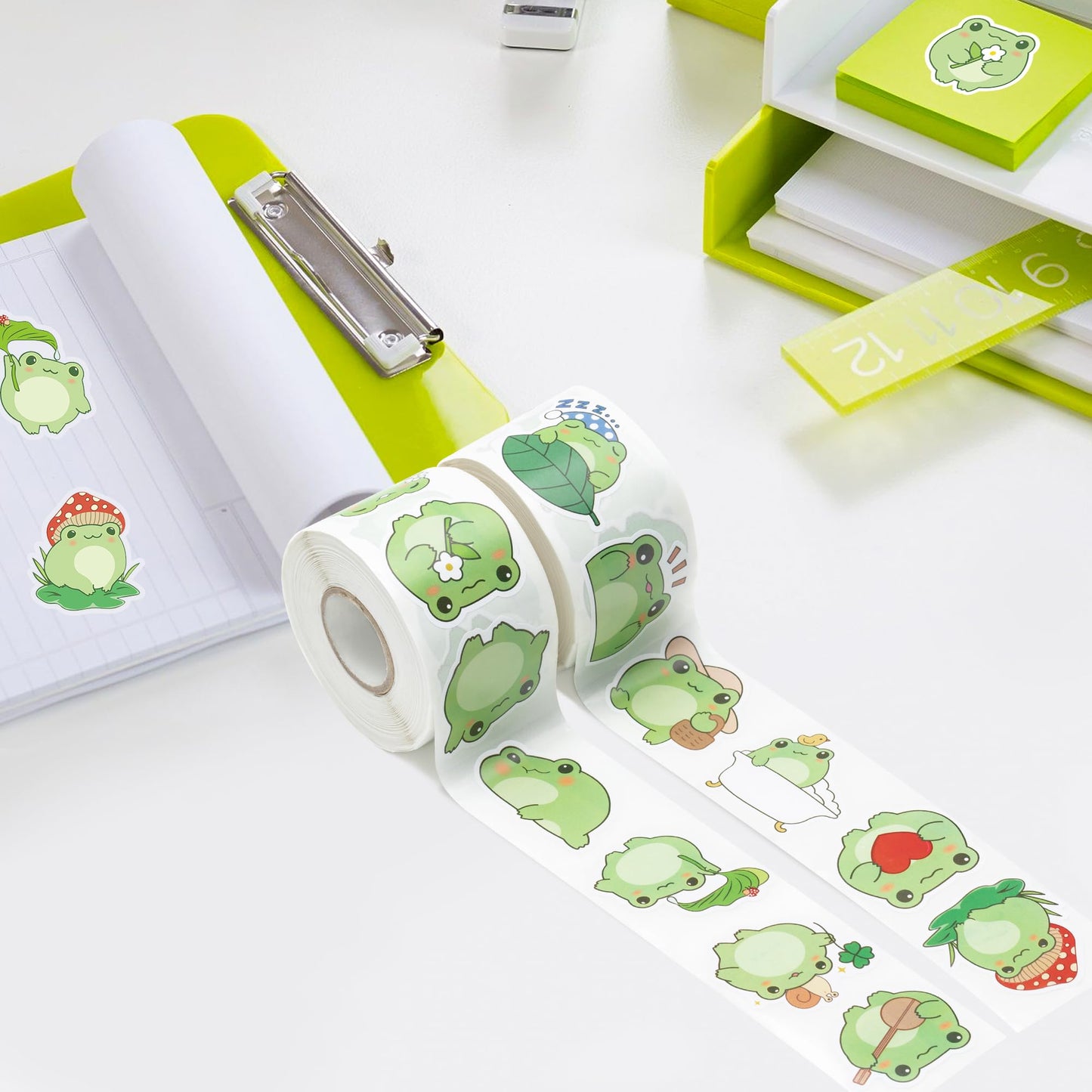W1cwey Frog Sticker Rolls – 1000 Pieces, 2 Rolls, 1.5-Inch, 16 Designs for Luggage, Scrapbooks, Gifts